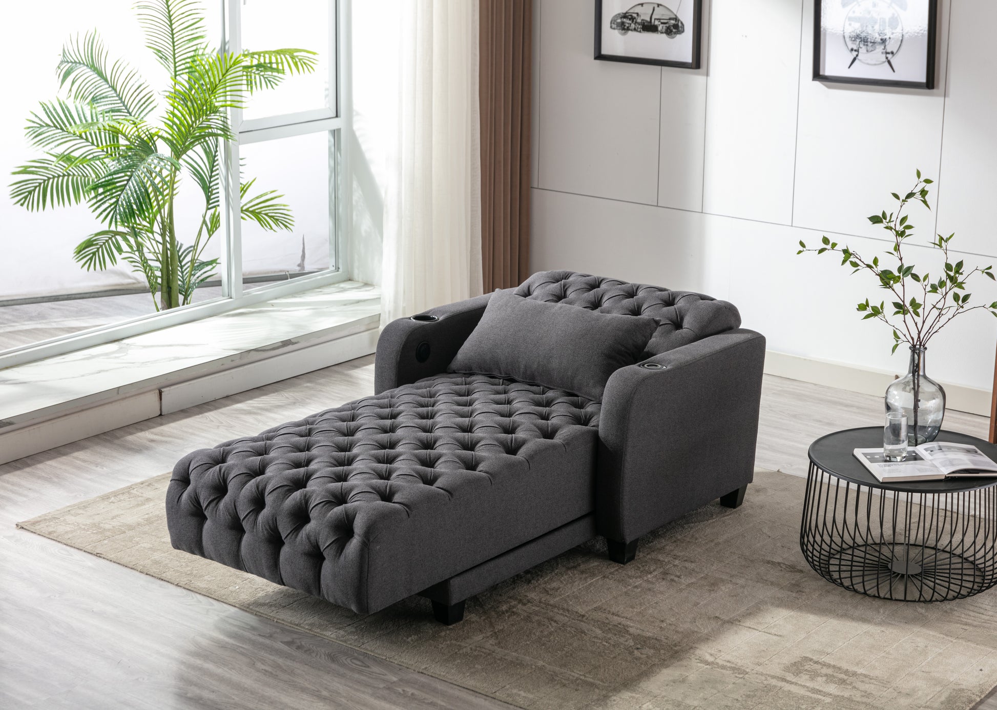 Coolmore Multifunctional Living Room Leisure Chaise Lounge Barry Tufted Comfy Armchair Wireless Charging, Smooth Reclining Backrest & Lumbar Pillow For Home Apartment Dark Grey Linen Dark Grey Foam Linen