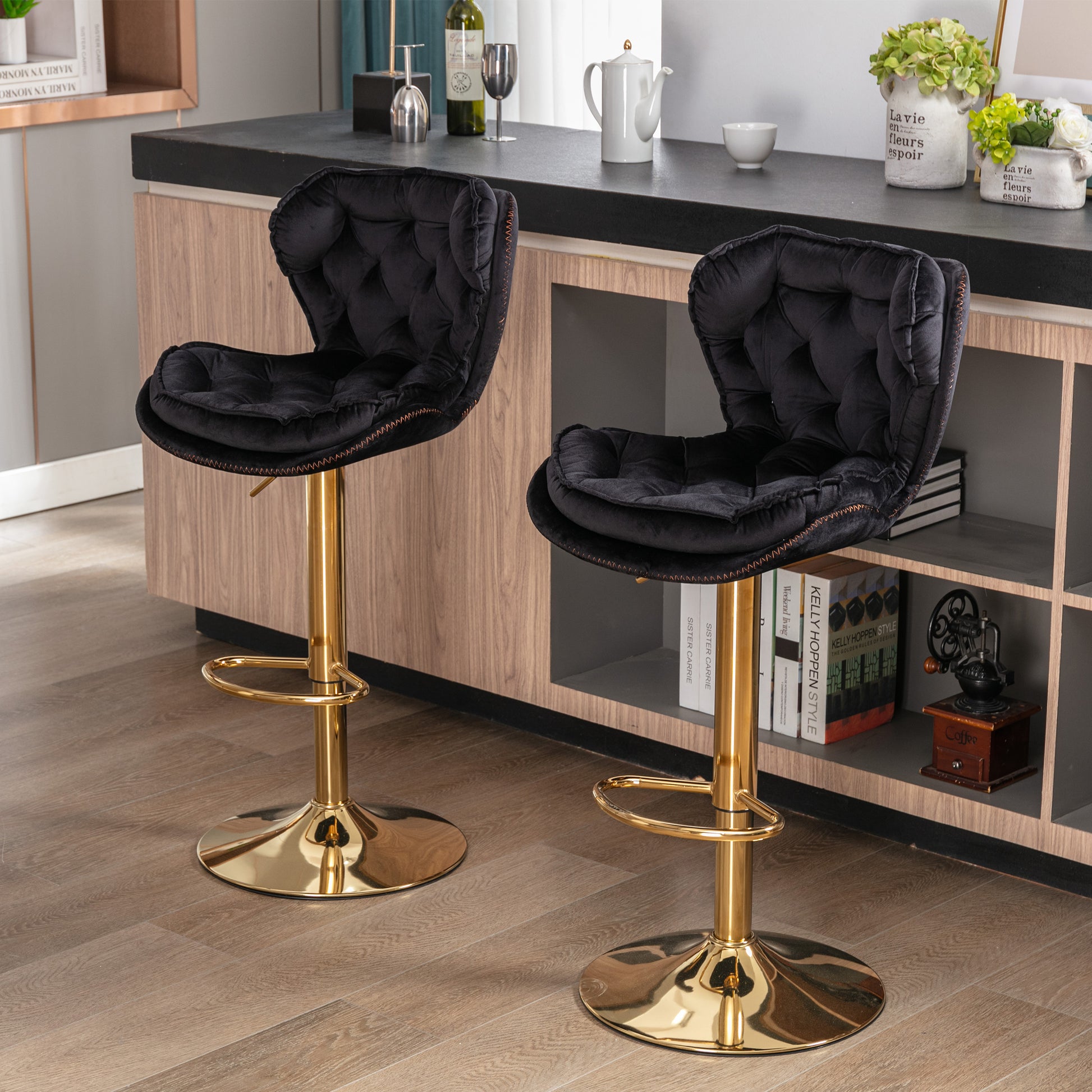 Set Of 2 Bar Stools,With Chrome Footrest And Base Swivel Height Adjustable Mechanical Lifting Velvet Golden Leg Simple Bar Stool Black Black Foam Fabric