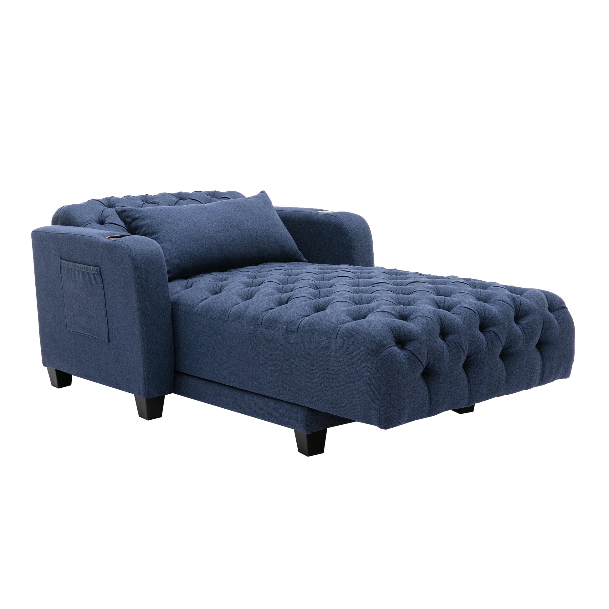 Coolmore Multifunctional Living Room Leisure Chaise Lounge Barry Tufted Comfy Armchair Wireless Charging, Smooth Reclining Backrest & Lumbar Pillow For Home Apartment Navy Linen Navy Foam Linen