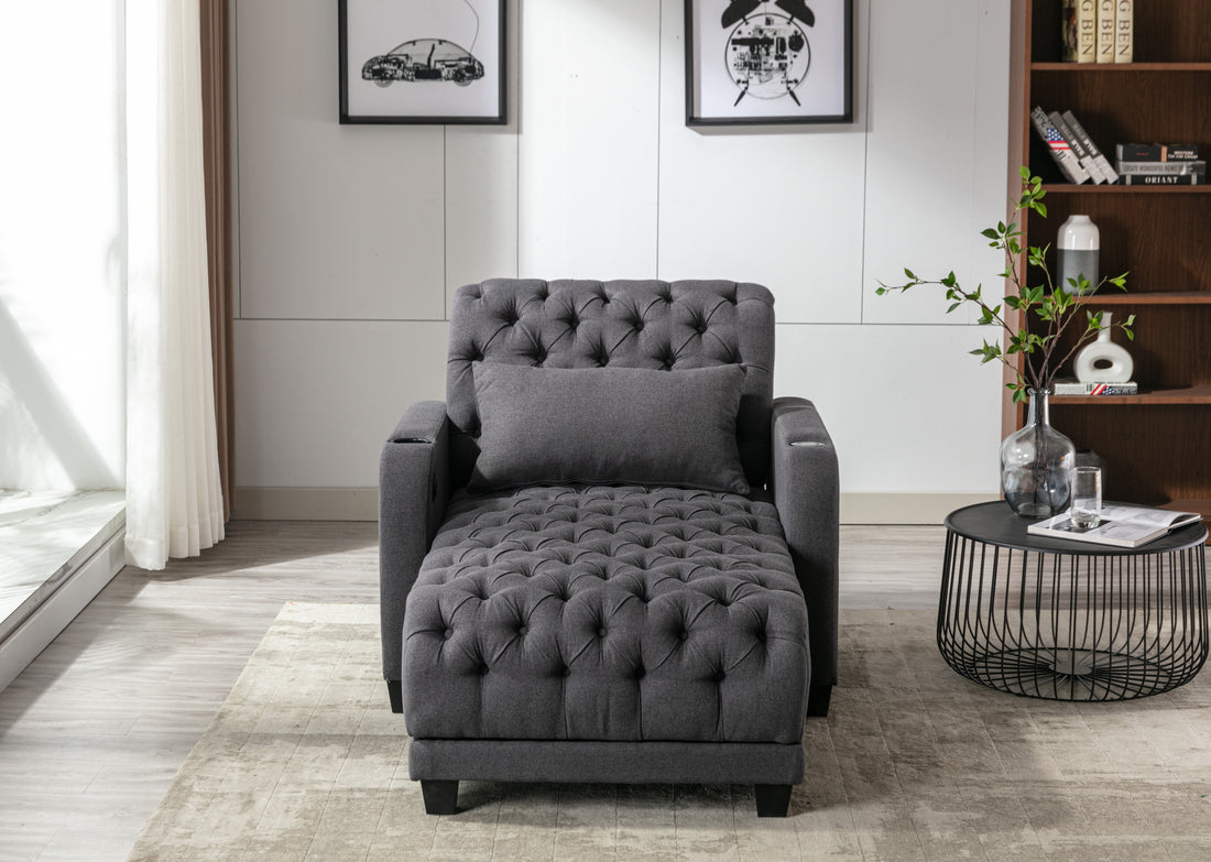 Coolmore Multifunctional Living Room Leisure Chaise Lounge Barry Tufted Comfy Armchair Wireless Charging, Smooth Reclining Backrest & Lumbar Pillow For Home Apartment Dark Grey Linen Dark Grey Foam Linen