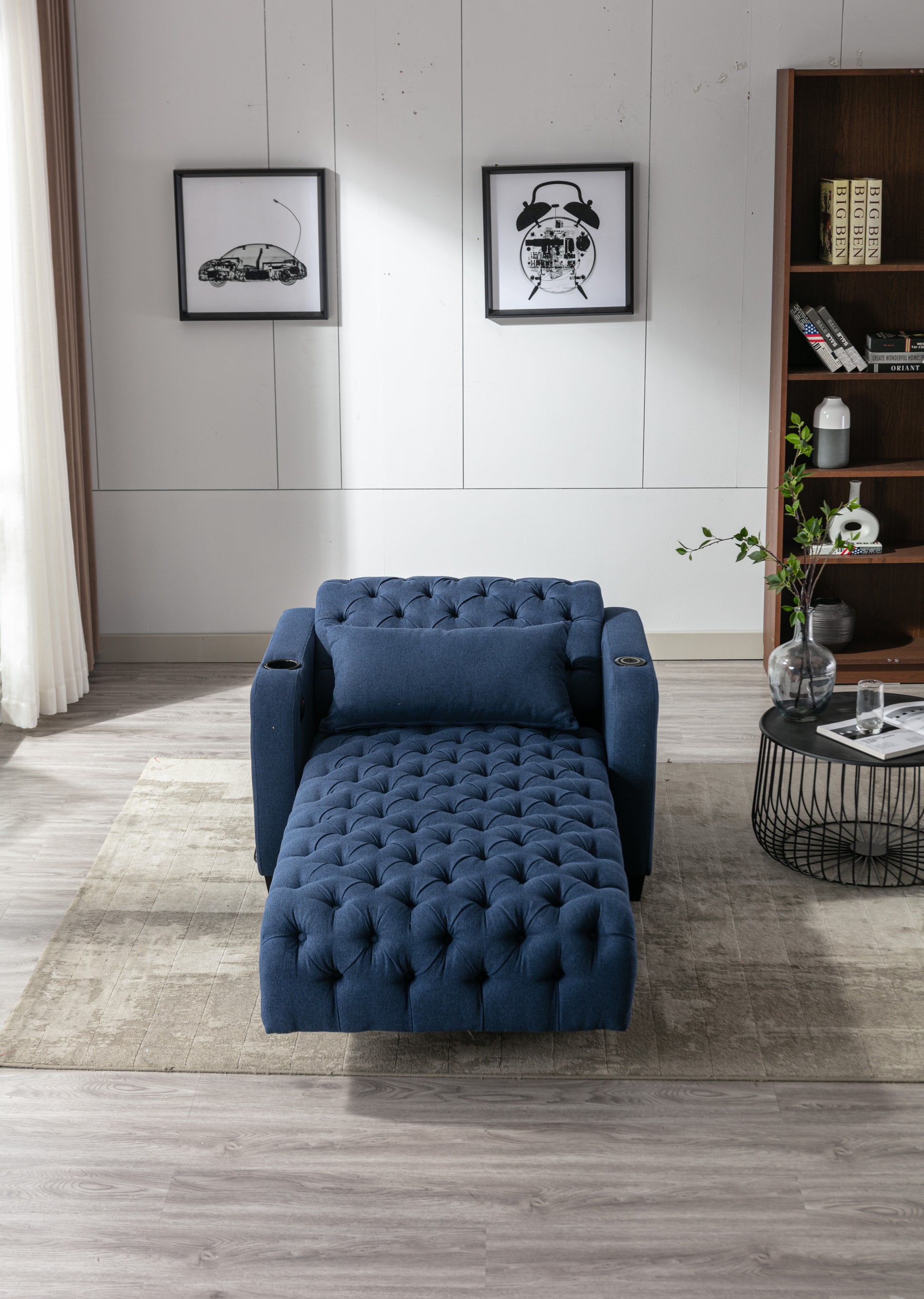 Coolmore Multifunctional Living Room Leisure Chaise Lounge Barry Tufted Comfy Armchair Wireless Charging, Smooth Reclining Backrest & Lumbar Pillow For Home Apartment Navy Linen Navy Foam Linen