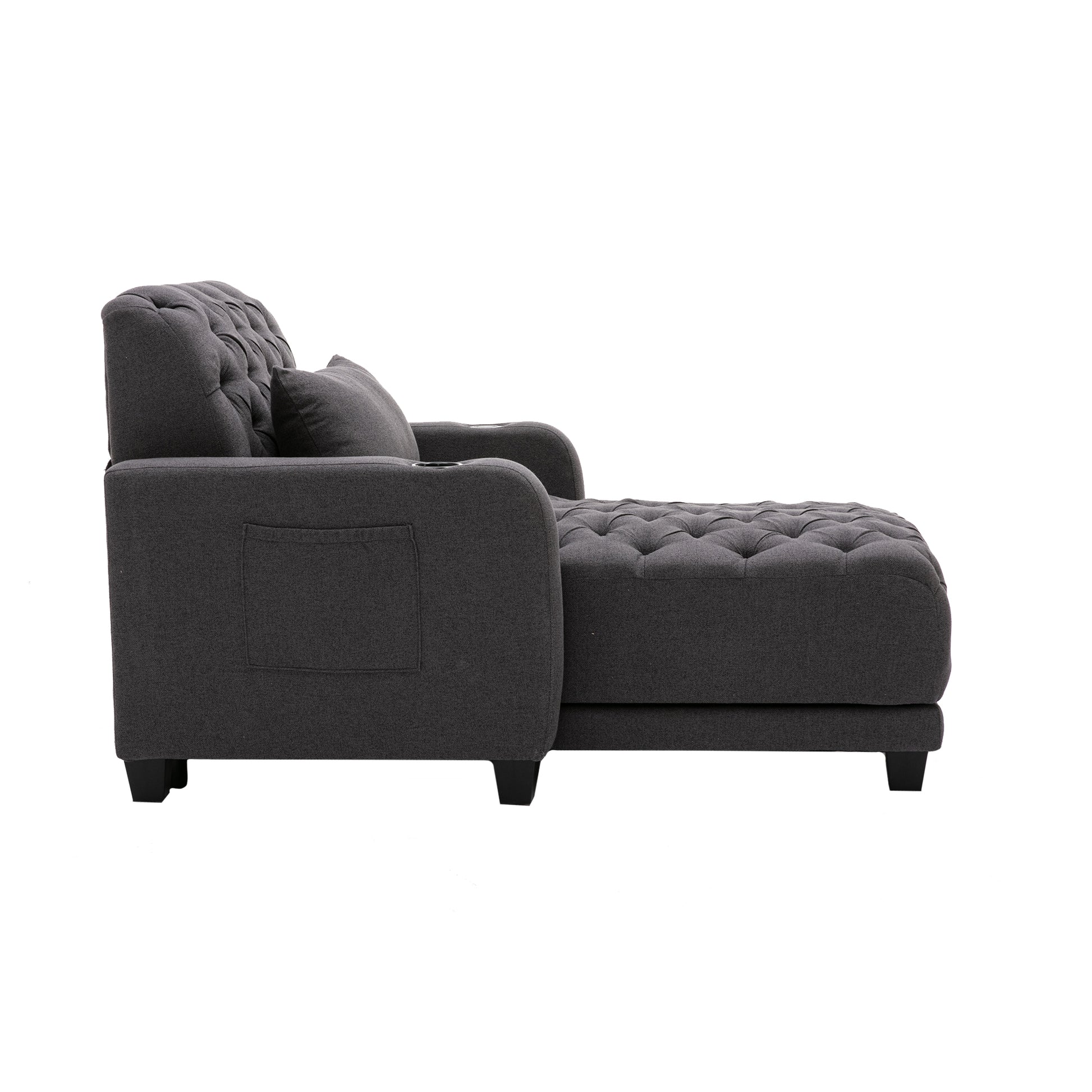 Coolmore Multifunctional Living Room Leisure Chaise Lounge Barry Tufted Comfy Armchair Wireless Charging, Smooth Reclining Backrest & Lumbar Pillow For Home Apartment Dark Grey Linen Dark Grey Foam Linen