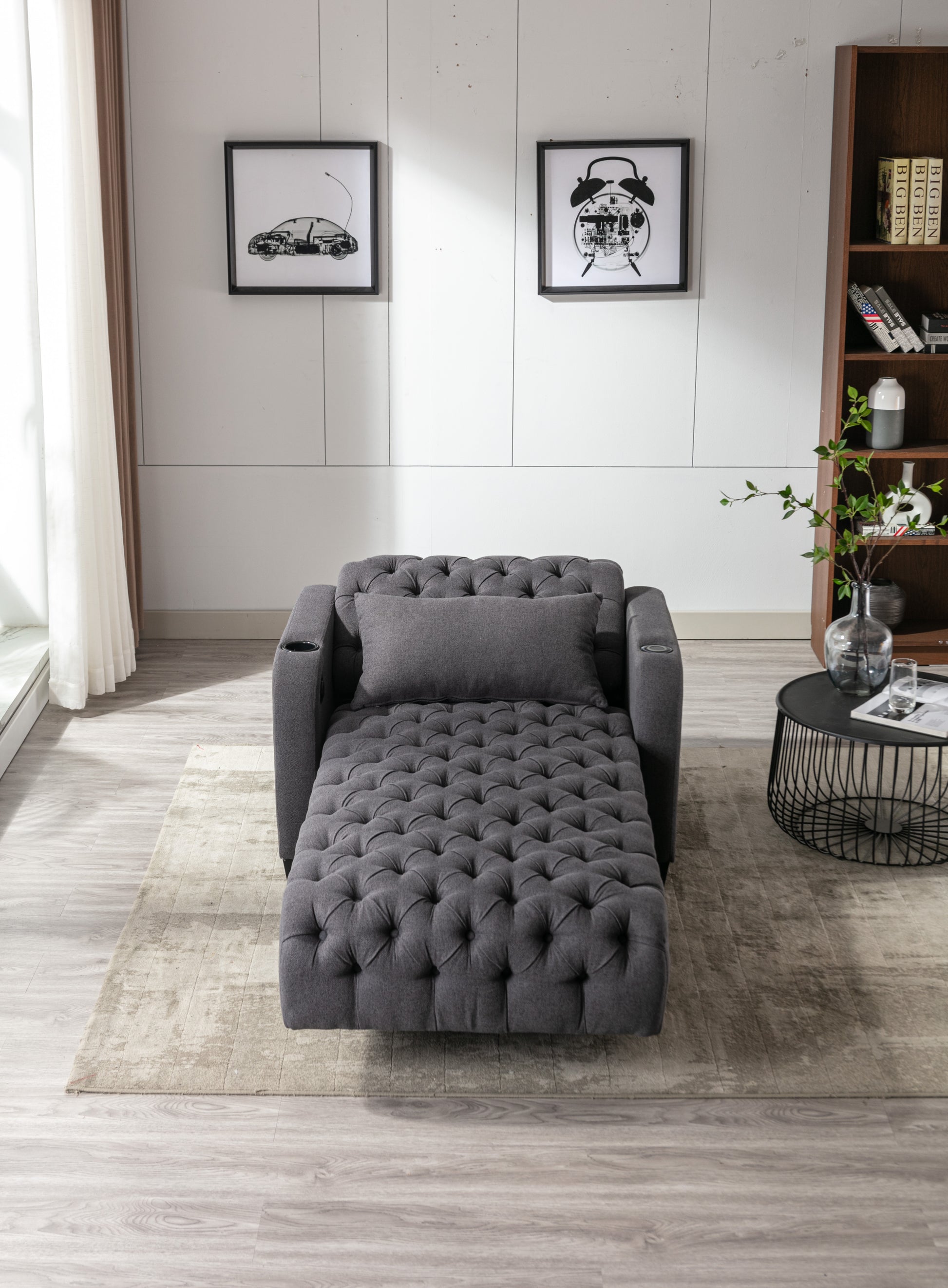 Coolmore Multifunctional Living Room Leisure Chaise Lounge Barry Tufted Comfy Armchair Wireless Charging, Smooth Reclining Backrest & Lumbar Pillow For Home Apartment Dark Grey Linen Dark Grey Foam Linen