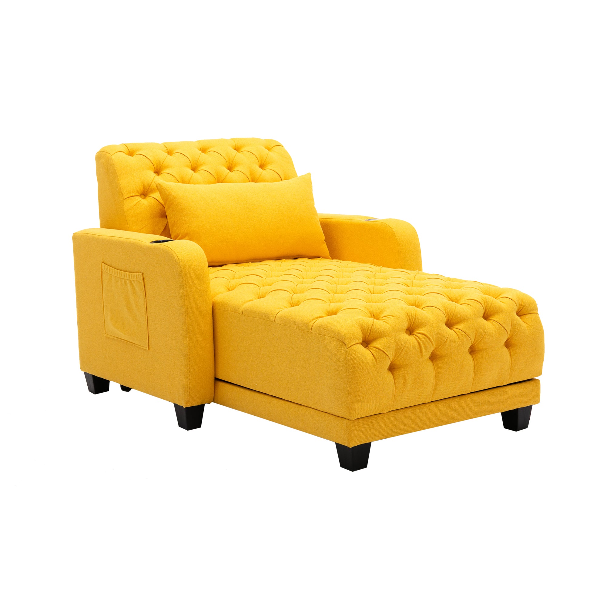 Coolmore Multifunctional Living Room Leisure Chaise Lounge Barry Tufted Comfy Armchair Wireless Charging, Smooth Reclining Backrest & Lumbar Pillow For Home Apartment Yellow Linen Yellow Foam Linen