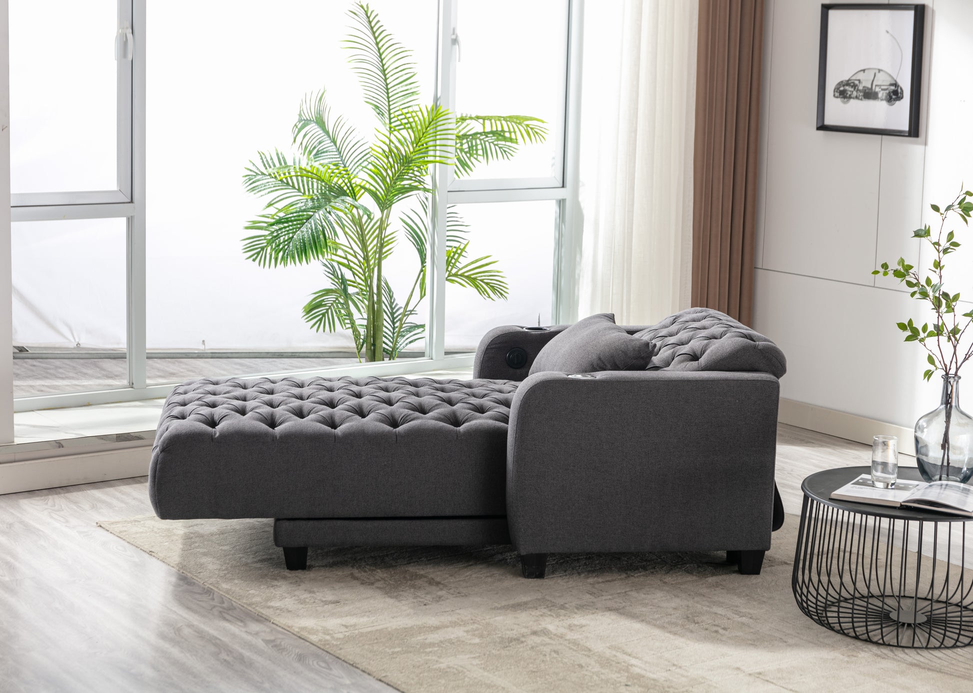 Coolmore Multifunctional Living Room Leisure Chaise Lounge Barry Tufted Comfy Armchair Wireless Charging, Smooth Reclining Backrest & Lumbar Pillow For Home Apartment Dark Grey Linen Dark Grey Foam Linen