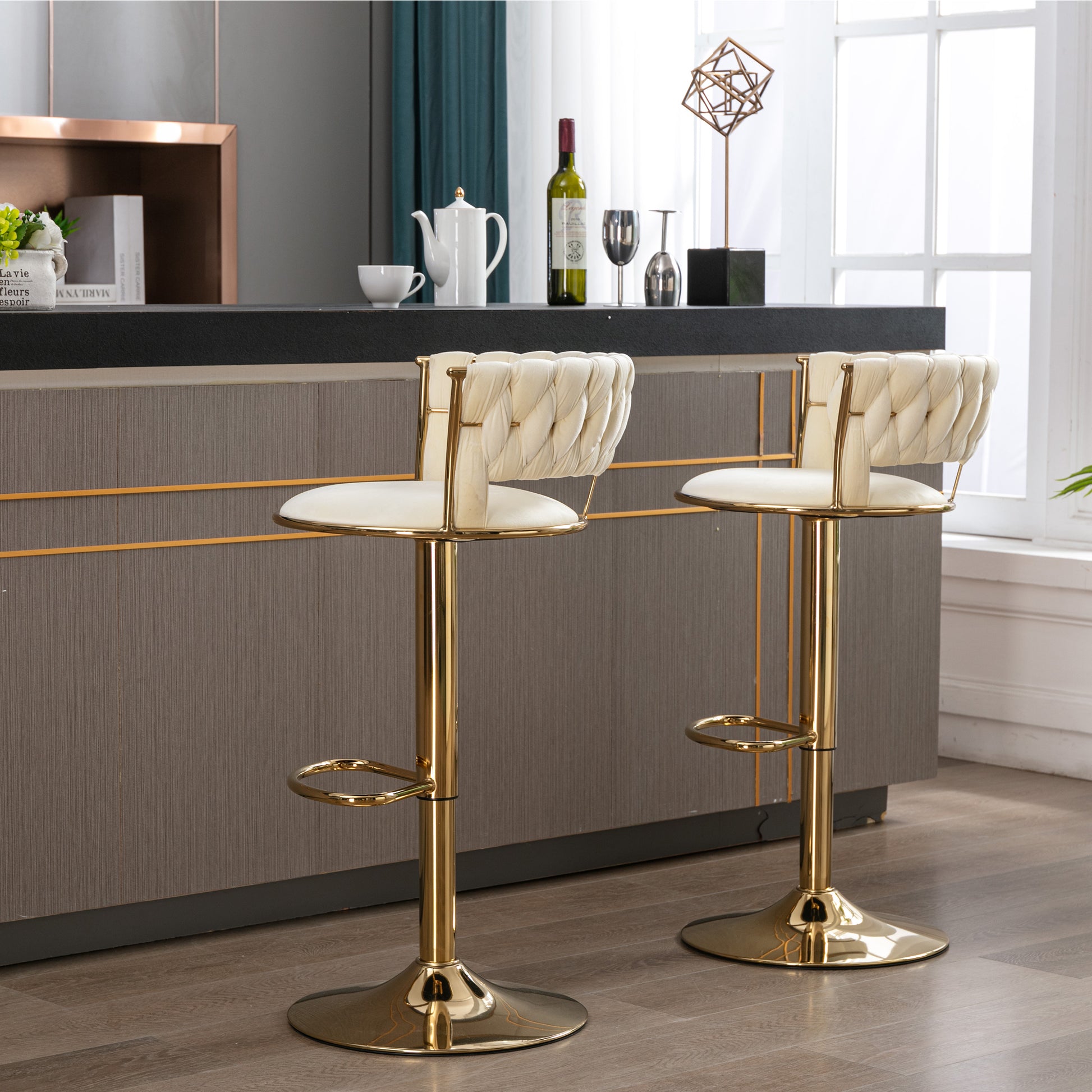 Set Of 2 Bar Stools,With Chrome Footrest And Base Swivel Height Adjustable Mechanical Lifting Velvet Golden Leg Simple Bar Stool Cream Cream Foam Fabric