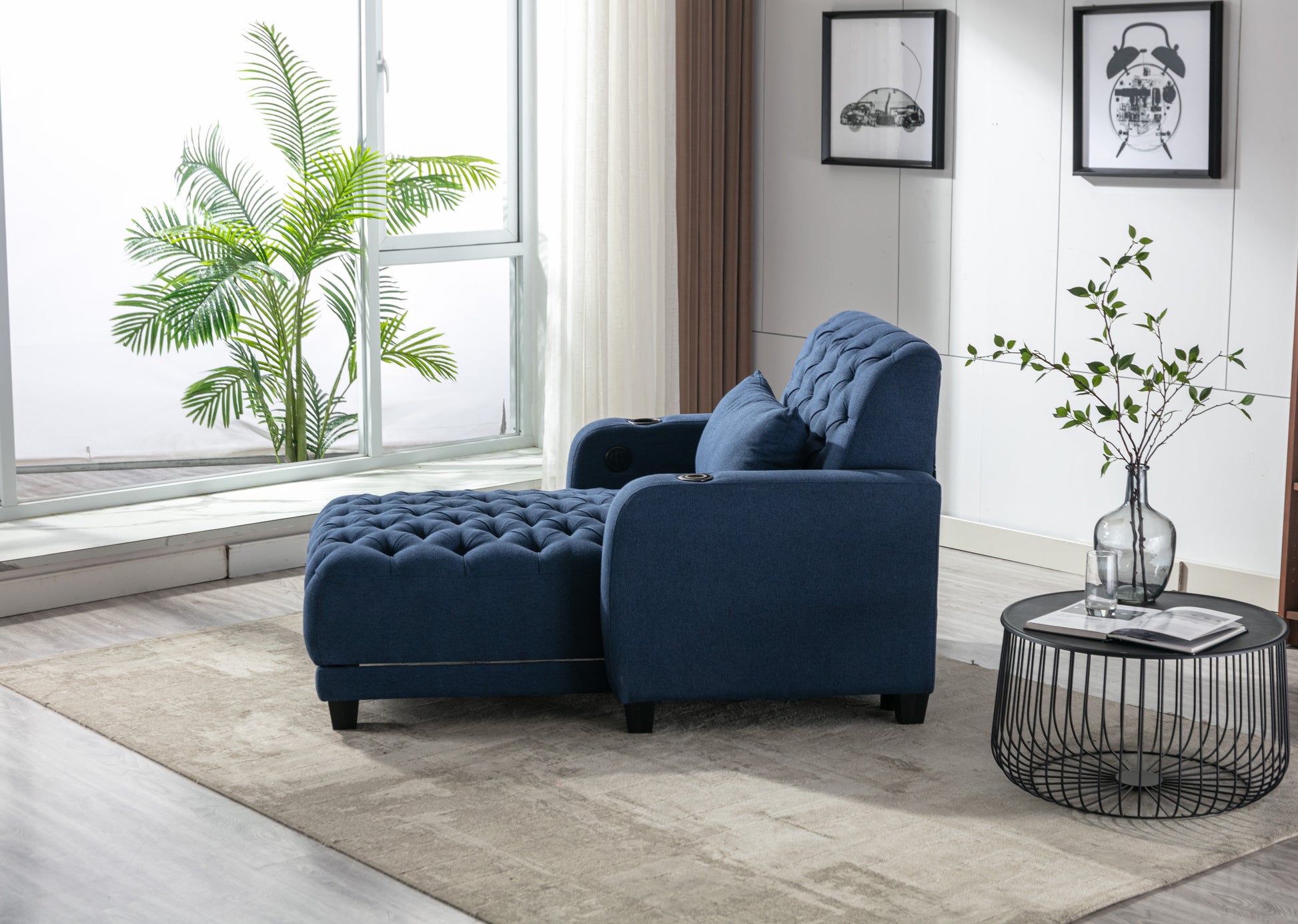 Coolmore Multifunctional Living Room Leisure Chaise Lounge Barry Tufted Comfy Armchair Wireless Charging, Smooth Reclining Backrest & Lumbar Pillow For Home Apartment Navy Linen Navy Foam Linen