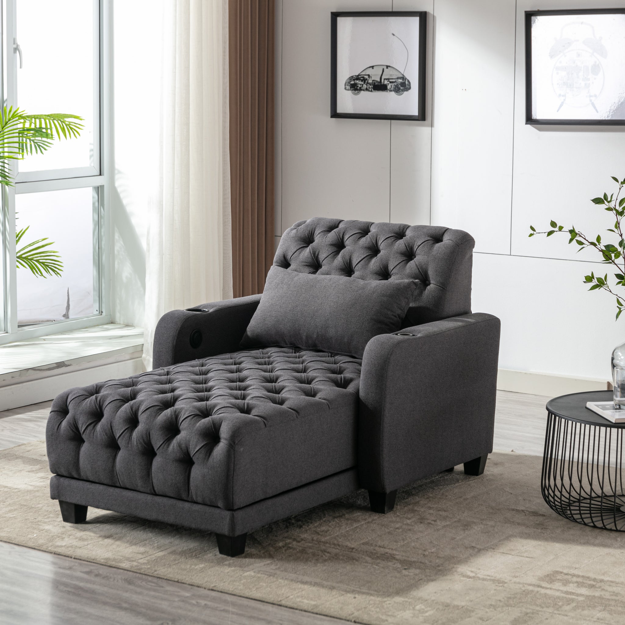 Coolmore Multifunctional Living Room Leisure Chaise Lounge Barry Tufted Comfy Armchair Wireless Charging, Smooth Reclining Backrest & Lumbar Pillow For Home Apartment Dark Grey Linen Dark Grey Foam Linen