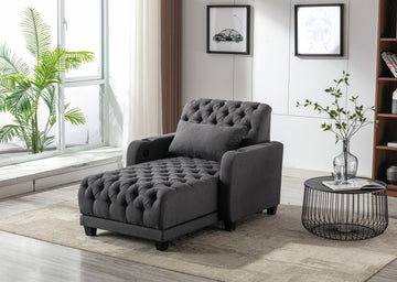 Coolmore Multifunctional Living Room Leisure Chaise Lounge Barry Tufted Comfy Armchair Wireless Charging, Smooth Reclining Backrest & Lumbar Pillow For Home Apartment Dark Grey Linen Dark Grey Foam Linen