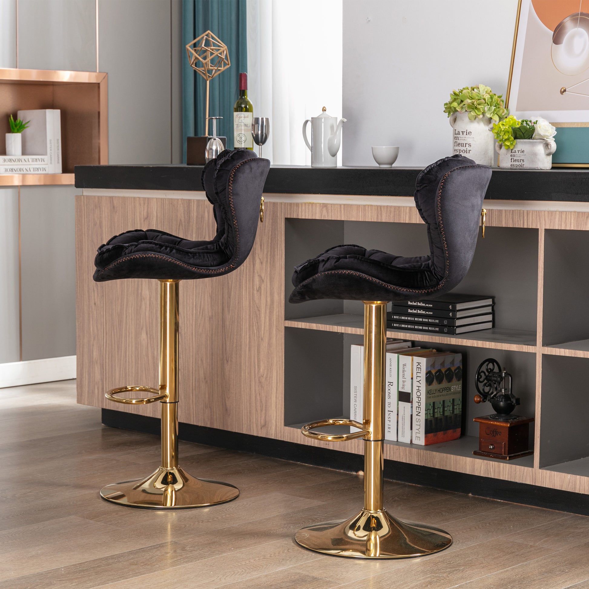 Set Of 2 Bar Stools,With Chrome Footrest And Base Swivel Height Adjustable Mechanical Lifting Velvet Golden Leg Simple Bar Stool Black Black Foam Fabric