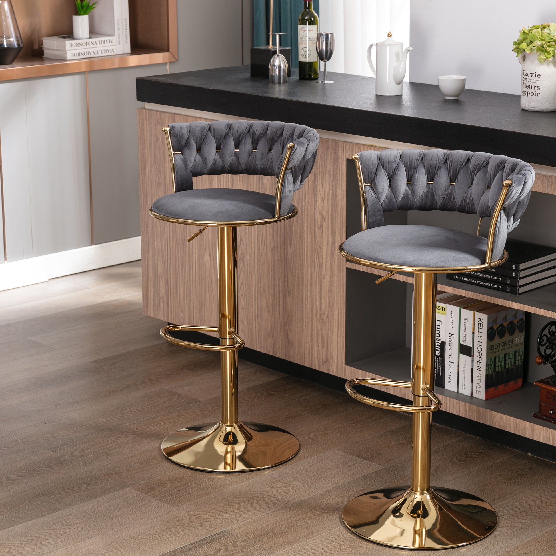 Set Of 2 Bar Stools,With Chrome Footrest And Base Swivel Height Adjustable Mechanical Lifting Velvet Golden Leg Simple Bar Stool Gray Grey Foam Fabric