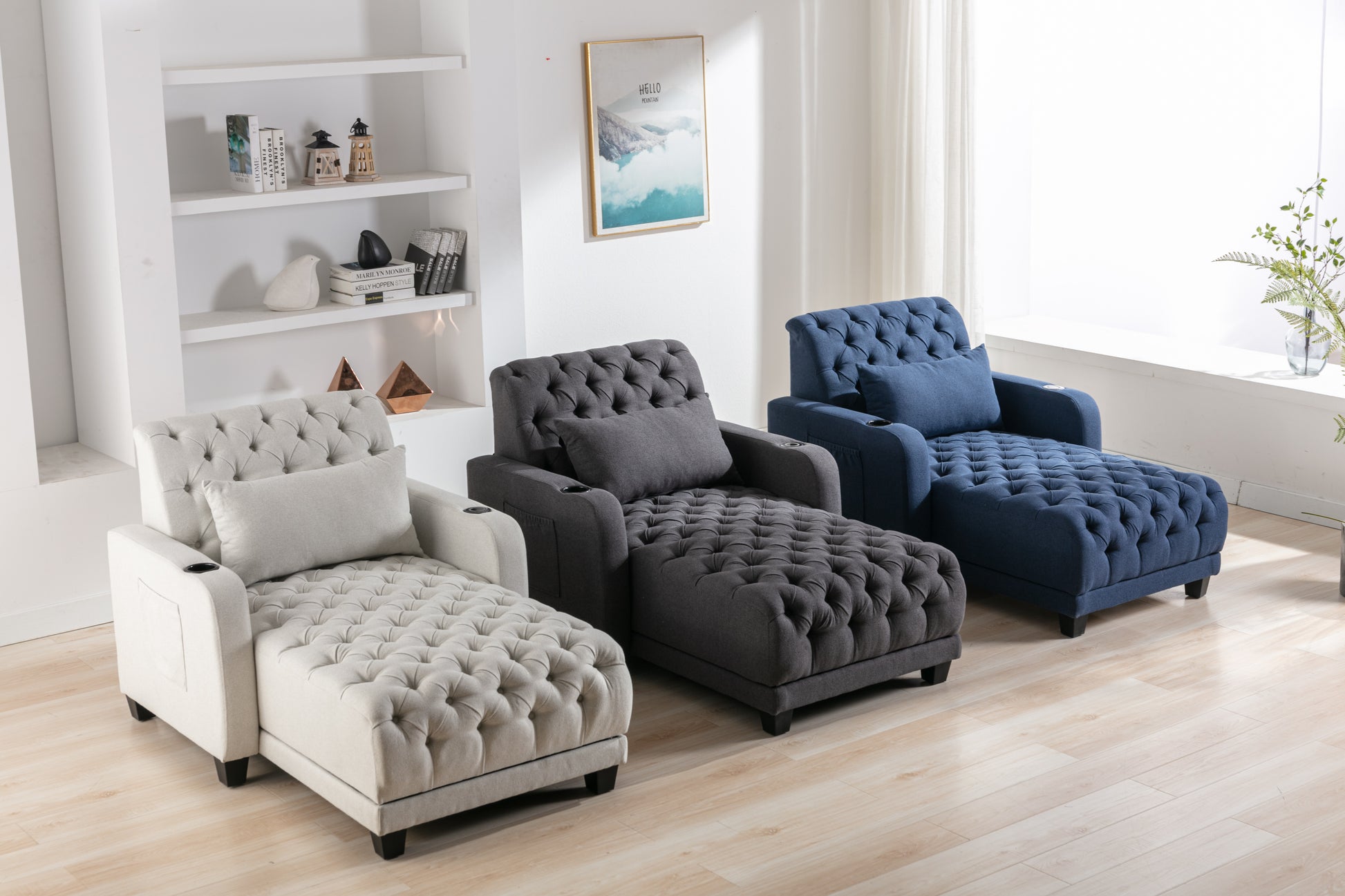 Coolmore Multifunctional Living Room Leisure Chaise Lounge Barry Tufted Comfy Armchair Wireless Charging, Smooth Reclining Backrest & Lumbar Pillow For Home Apartment Navy Linen Navy Foam Linen