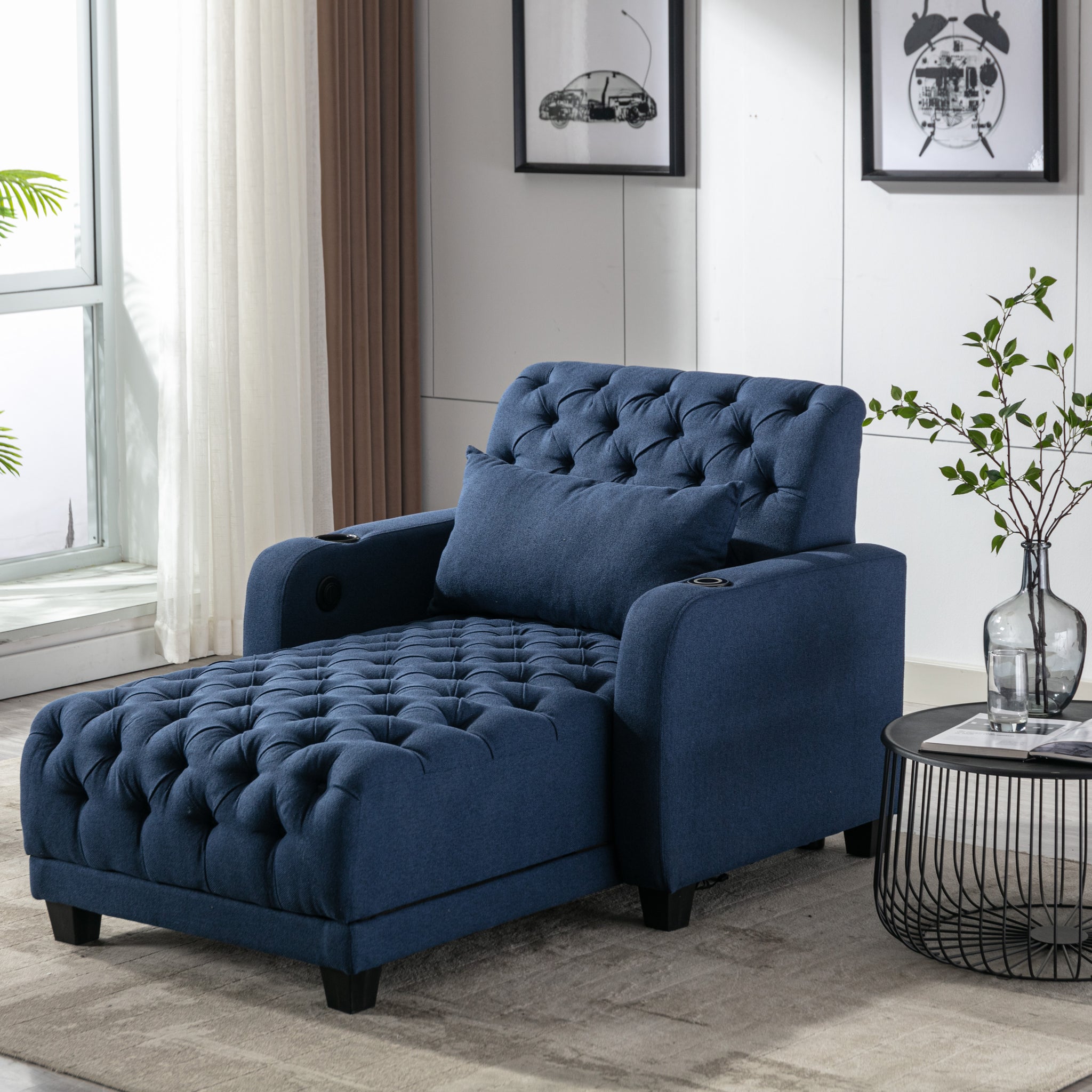 Coolmore Multifunctional Living Room Leisure Chaise Lounge Barry Tufted Comfy Armchair Wireless Charging, Smooth Reclining Backrest & Lumbar Pillow For Home Apartment Navy Linen Navy Foam Linen