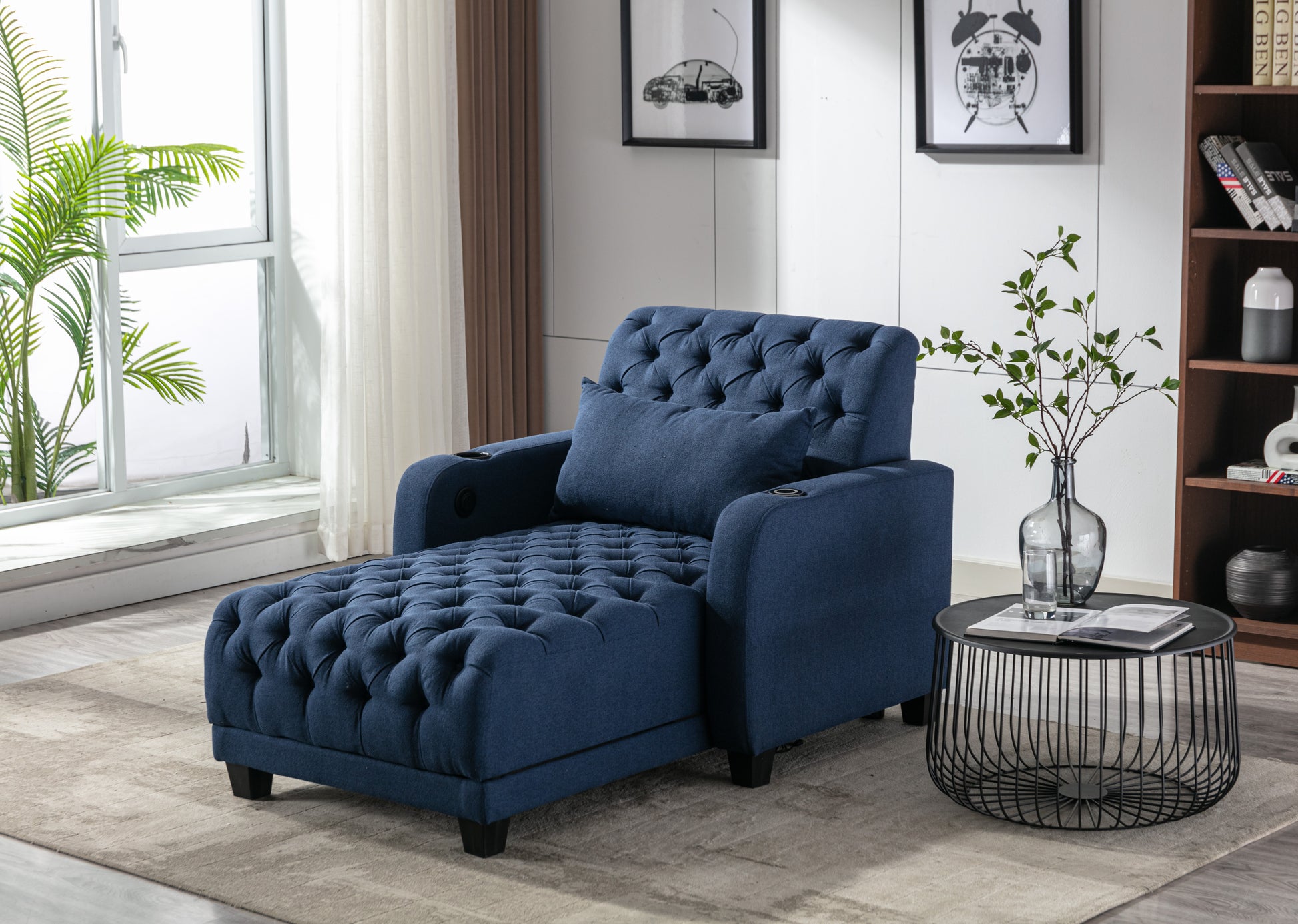 Coolmore Multifunctional Living Room Leisure Chaise Lounge Barry Tufted Comfy Armchair Wireless Charging, Smooth Reclining Backrest & Lumbar Pillow For Home Apartment Navy Linen Navy Foam Linen