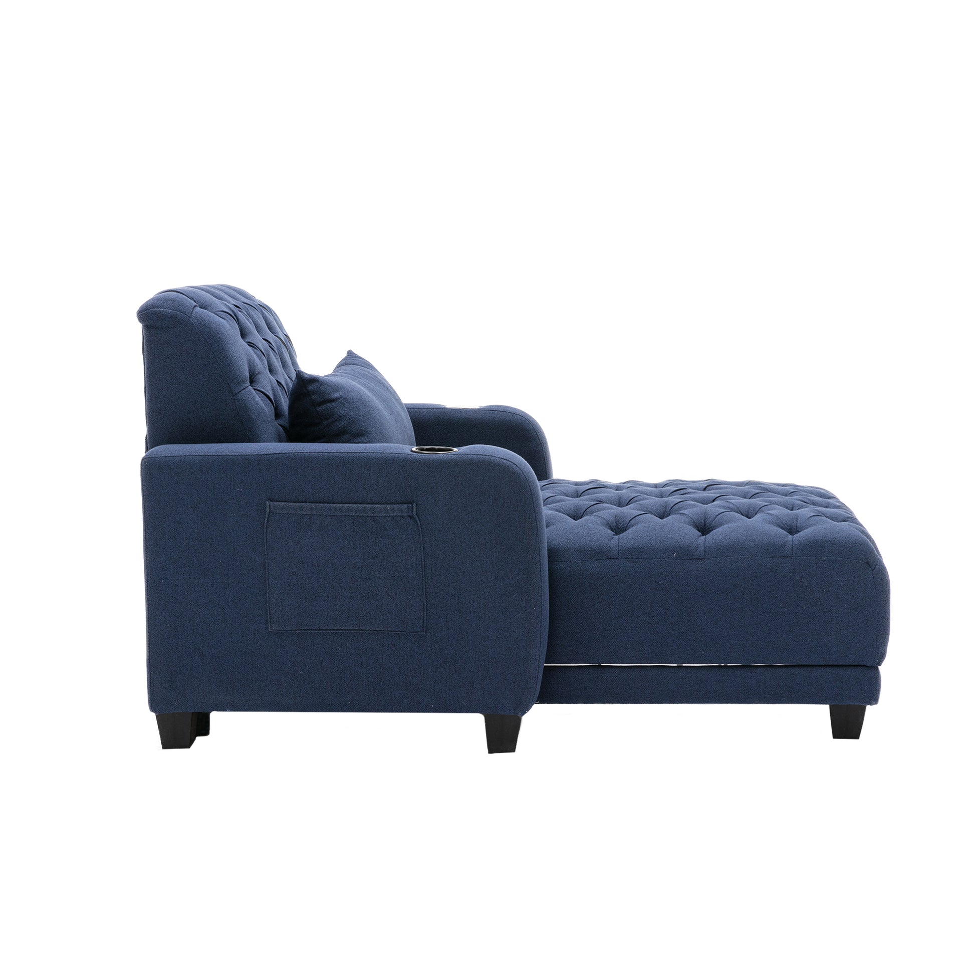 Coolmore Multifunctional Living Room Leisure Chaise Lounge Barry Tufted Comfy Armchair Wireless Charging, Smooth Reclining Backrest & Lumbar Pillow For Home Apartment Navy Linen Navy Foam Linen