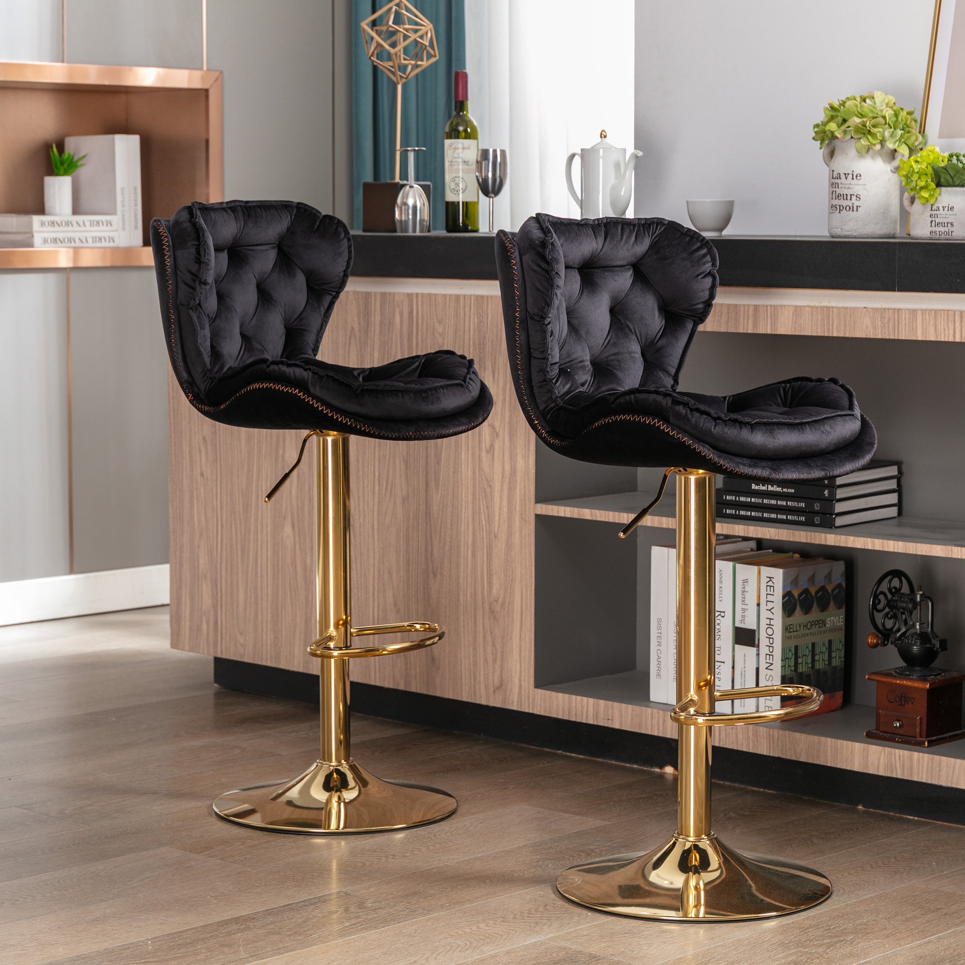 Set Of 2 Bar Stools,With Chrome Footrest And Base Swivel Height Adjustable Mechanical Lifting Velvet Golden Leg Simple Bar Stool Black Black Foam Fabric