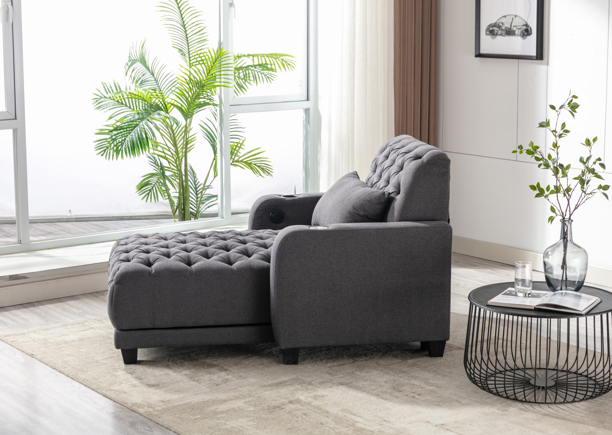 Coolmore Multifunctional Living Room Leisure Chaise Lounge Barry Tufted Comfy Armchair Wireless Charging, Smooth Reclining Backrest & Lumbar Pillow For Home Apartment Dark Grey Linen Dark Grey Foam Linen