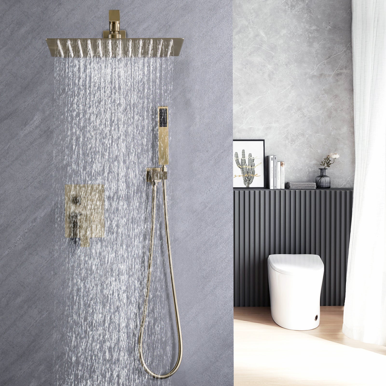 10Inch Brushed Gold Brass Rainfall Shower System, Luxuly Bathroom Shower Faucet Combo Set Brushed Gold Stainless Steel