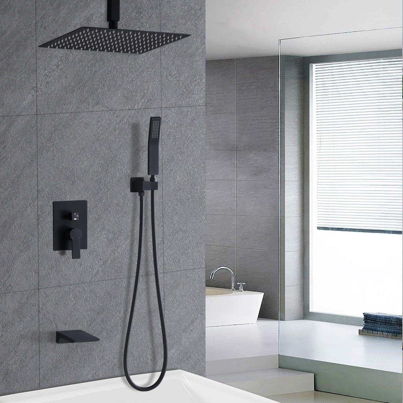 12Inch Shower System With Waterfall Tub Spout And Handheld Shower Head Matte Black Stainless Steel