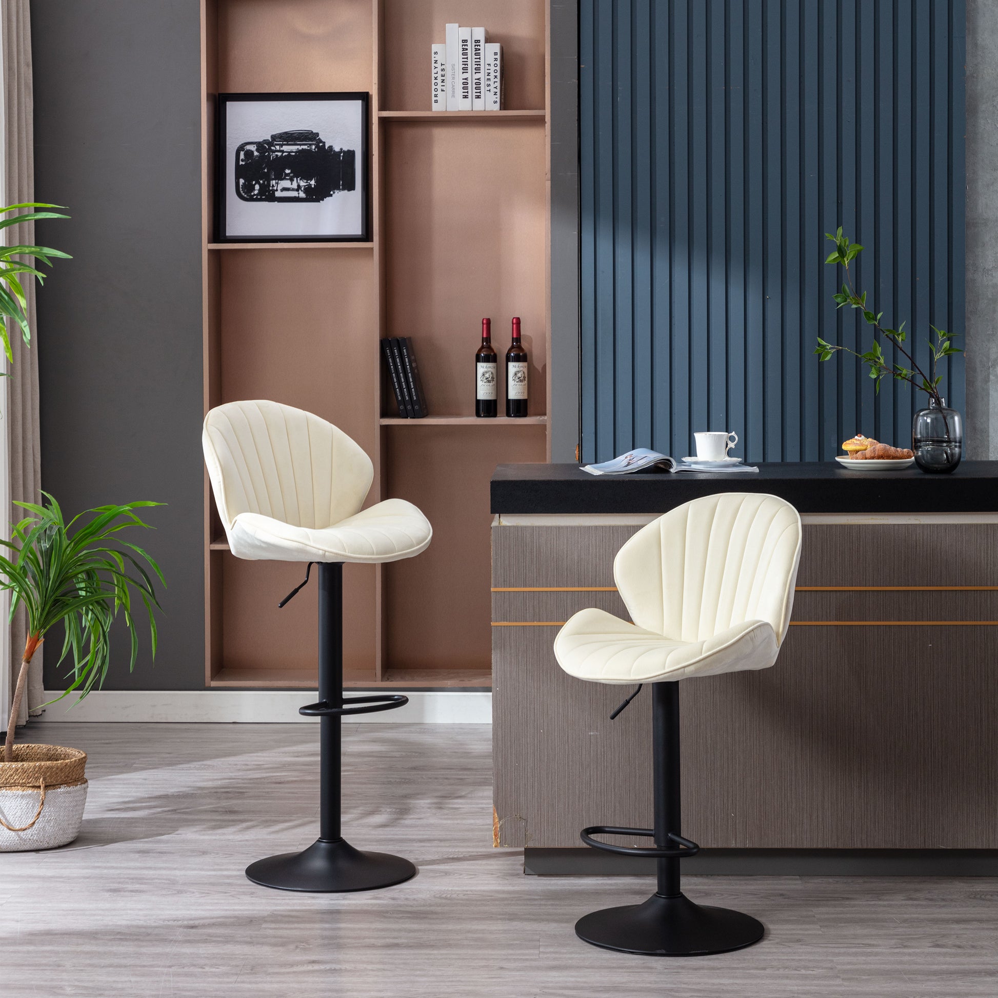Bar Stools Set Of 2 Adjustable Barstools With Back And Footrest, Counter Height Bar Chairs For Kitchen, Pub Cream Cream Foam Fabric