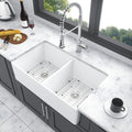 White Farmhouse Sink 32 Inches Ceramic Double Bowl Farm Apron Front Kitchen Sink White Ceramic