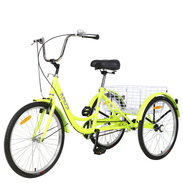 Adult Tricycle Trikes,3 Wheel Bikes,26 Inch Wheels Cruiser Bicycles With Large Shopping Basket For Women And Men Yellow Steel