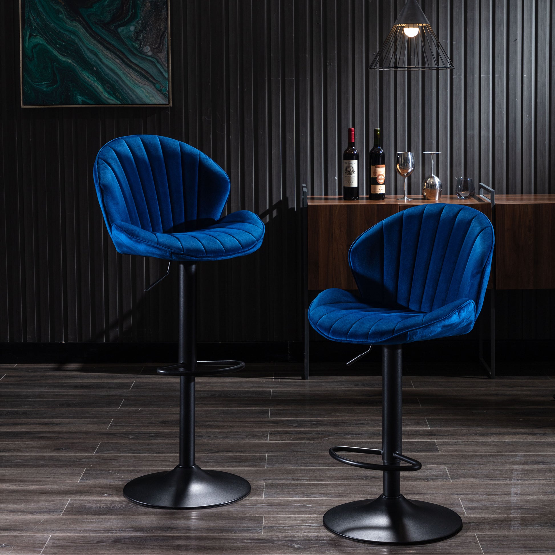 Bar Stools Set Of 2 Adjustable Barstools With Back And Footrest, Counter Height Bar Chairs For Kitchen, Pub Blue Blue Foam Fabric