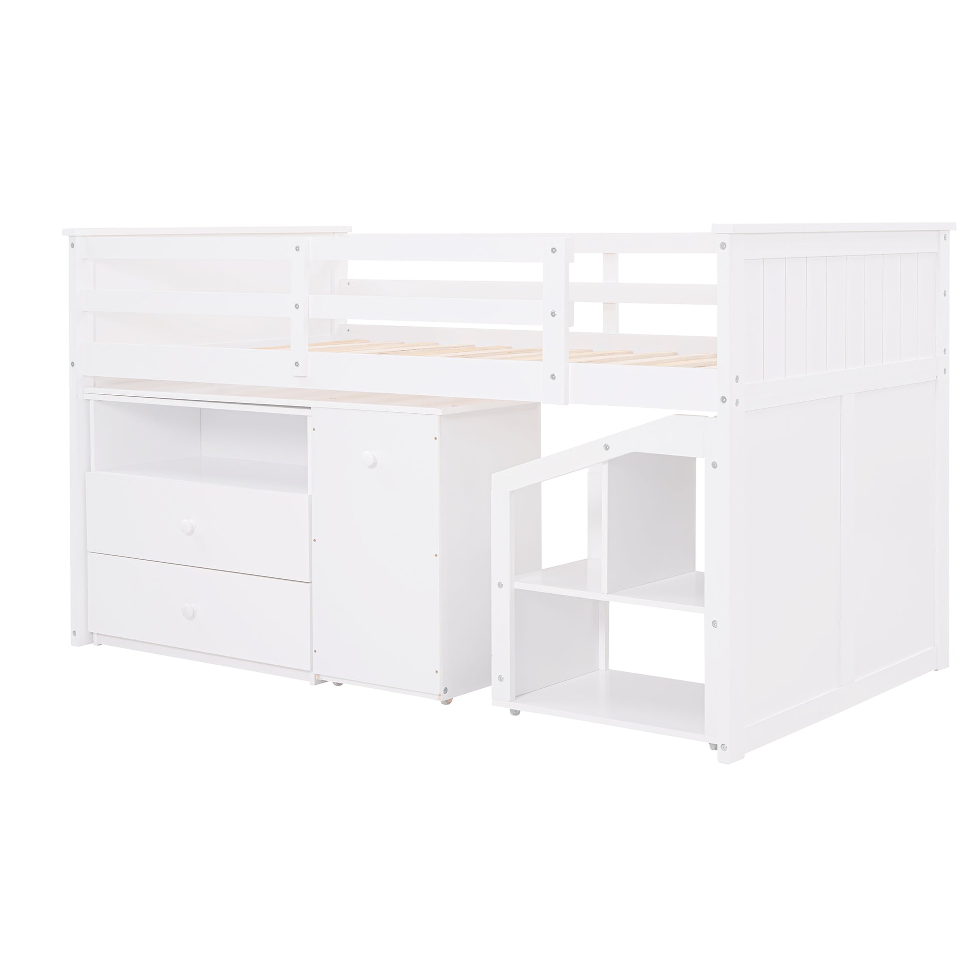 Loft Bed Low Study Twin Size Loft Bed With Storage Steps And Portable,Desk,White Old Sku: Lt000101Aak White Solid Wood