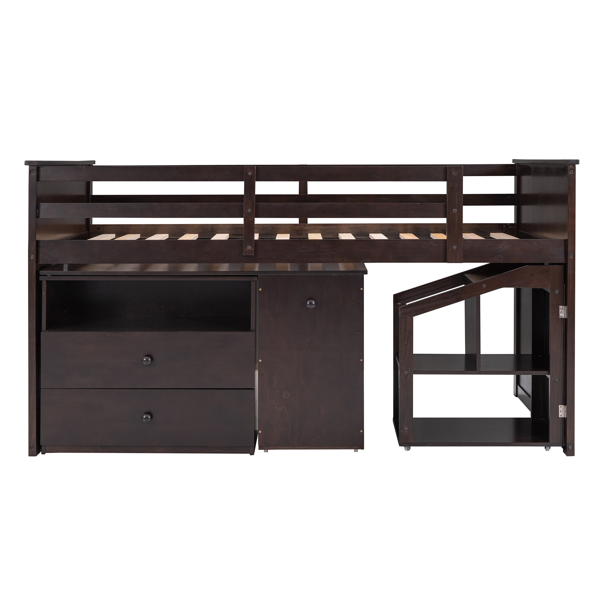 Loft Bed Low Study Twin Size Loft Bed With Storage Steps And Portable,Desk,Espresso Old Sku: Lt000101Aap Espresso Solid Wood