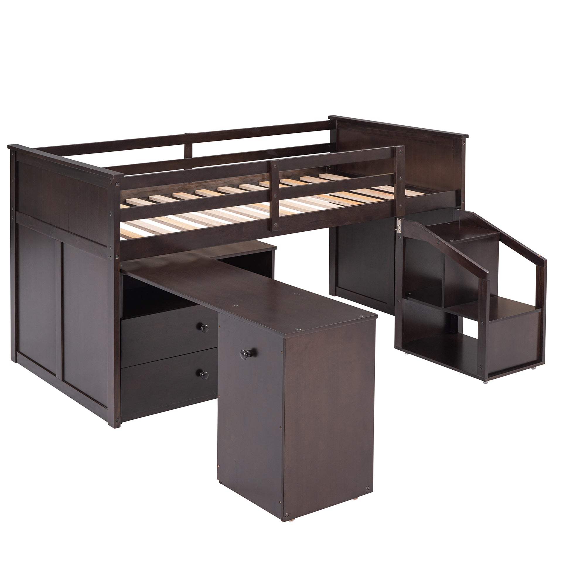 Loft Bed Low Study Twin Size Loft Bed With Storage Steps And Portable,Desk,Espresso Old Sku: Lt000101Aap Espresso Solid Wood