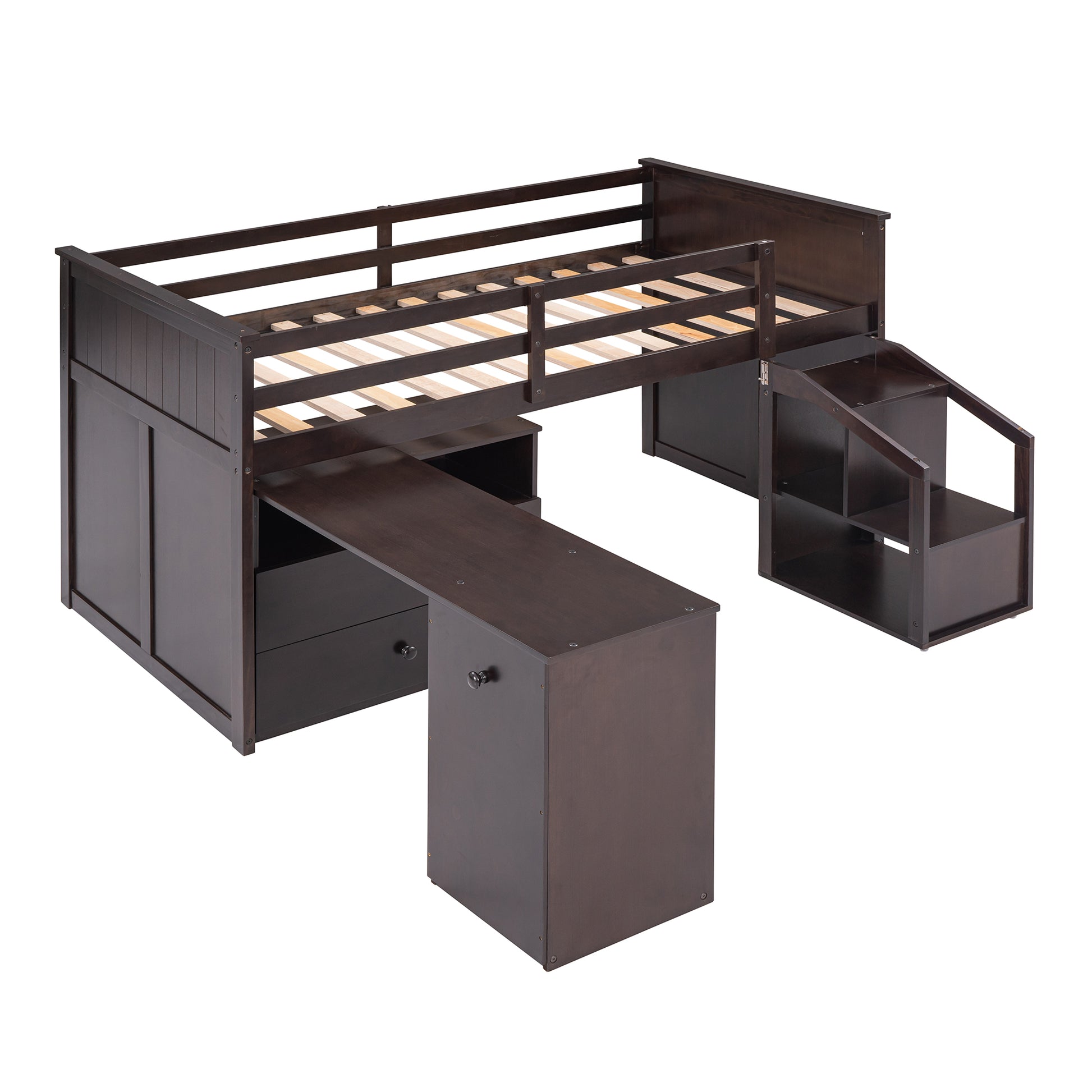 Loft Bed Low Study Twin Size Loft Bed With Storage Steps And Portable,Desk,Espresso Old Sku: Lt000101Aap Espresso Solid Wood