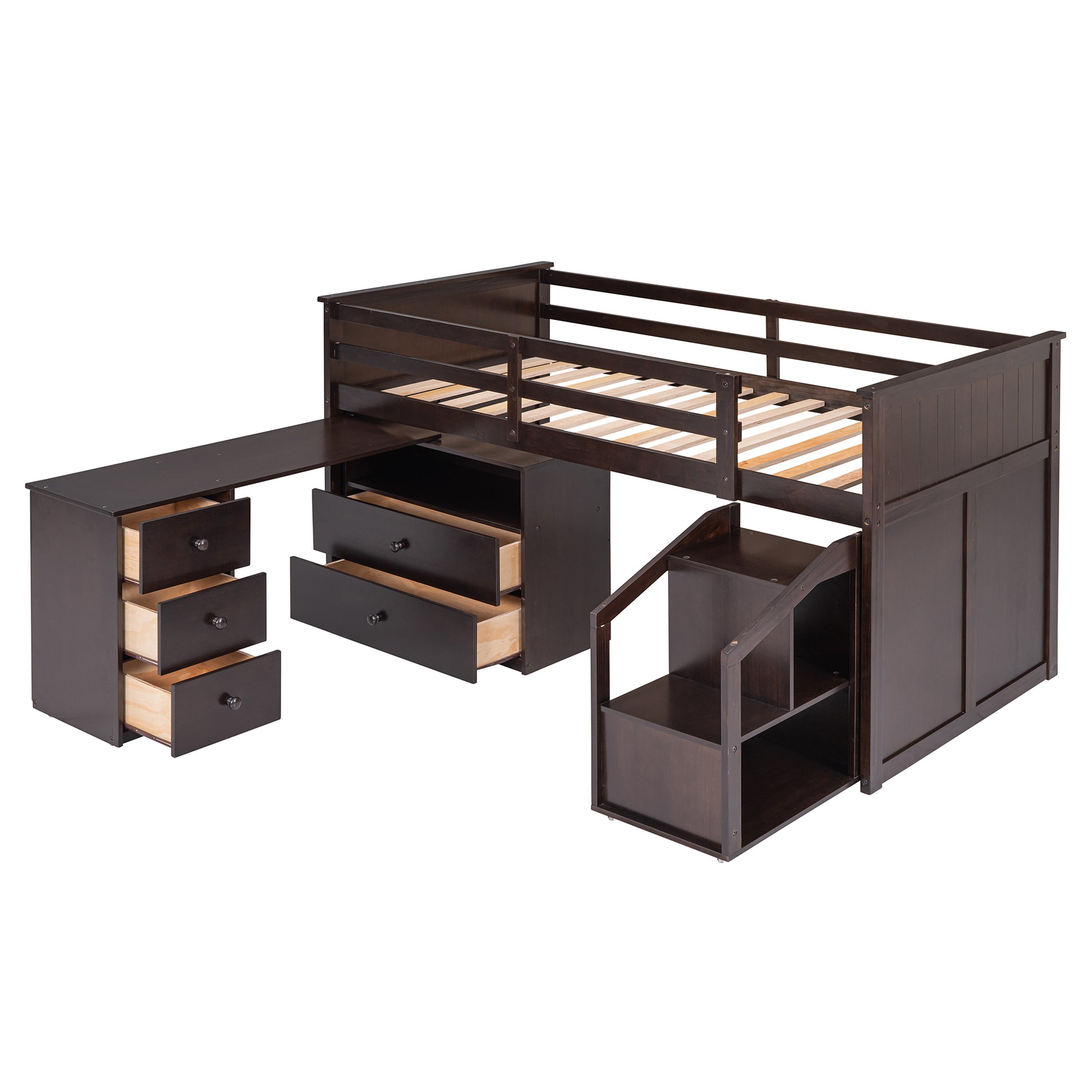 Loft Bed Low Study Twin Size Loft Bed With Storage Steps And Portable,Desk,Espresso Old Sku: Lt000101Aap Espresso Solid Wood