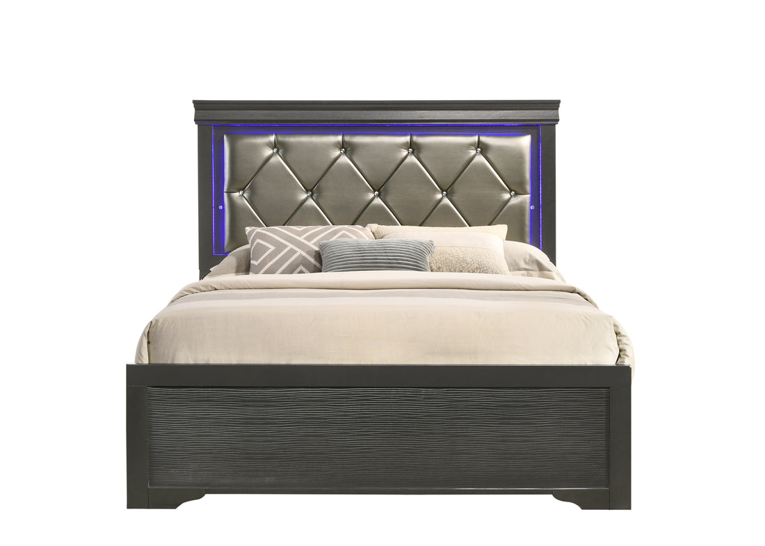 Brooklyn Queen 4 Piece Led Bedroom Set Made With Wood In Gray Box Spring Required Queen Gray Wood 4 Piece Set Bedroom Bed Included,Dresser Included,Mirror Included,Nightstand Included Modern Acacia Upholstered Polyester Tufted Wood