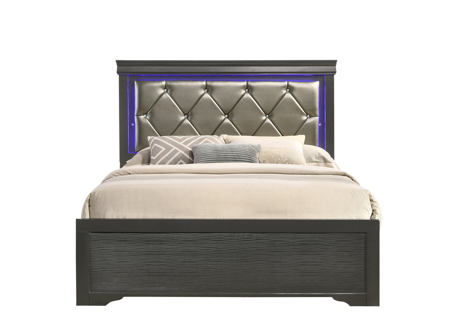 Brooklyn Queen 5 Pc Tufted Upholstery Led Bedroom Set Made With Wood In Gray Box Spring Required Queen Gray Wood 5 Piece Set Bedroom Bed Included,Chest Included,Dresser Included,Nightstand Included Modern Acacia Upholstered Polyester Tufted Wood