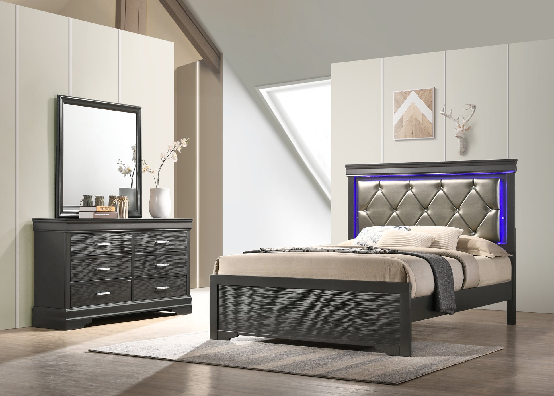 Brooklyn Full 5 Pc Tufted Upholstery Led Bedroom Set Made With Wood In Gray Box Spring Required Full Gray Wood 5 Piece Set Bedroom Bed Included,Chest Included,Dresser Included,Mirror Included,Nightstand Included Modern Acacia Upholstered Polyester Tufted