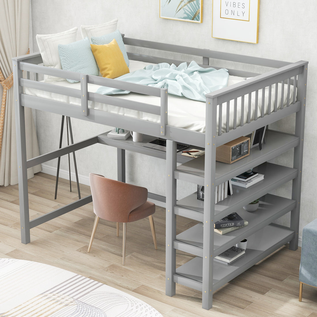 Full Size Loft Bed With Storage Shelves And Under Bed Desk, Gray Old Sku:Sm000246Aae 1 Box Spring Not Required Full Gray Wood Bedroom Pine