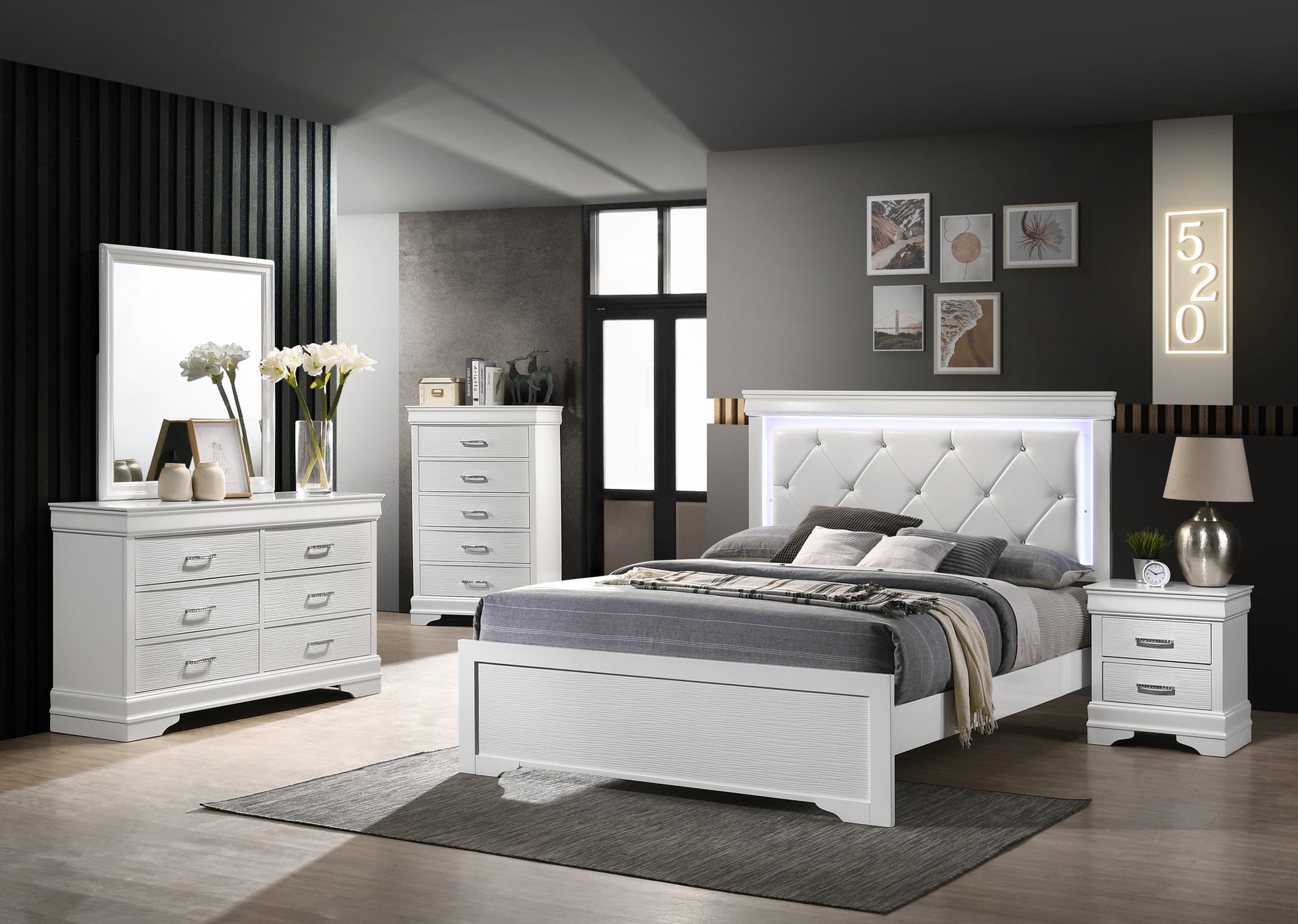 Full 5 Pc Tufted Upholstery Led Bedroom Set Made With Wood In White Box Spring Required Full White Wood 5 Piece Set Bedroom Bed Included,Chest Included,Dresser Included,Mirror Included,Nightstand