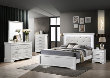 Full 5 Pc Tufted Upholstery Led Bedroom Set Made With Wood In White Box Spring Required Full White Wood 5 Piece Set Bedroom Bed Included,Chest Included,Dresser Included,Mirror Included,Nightstand