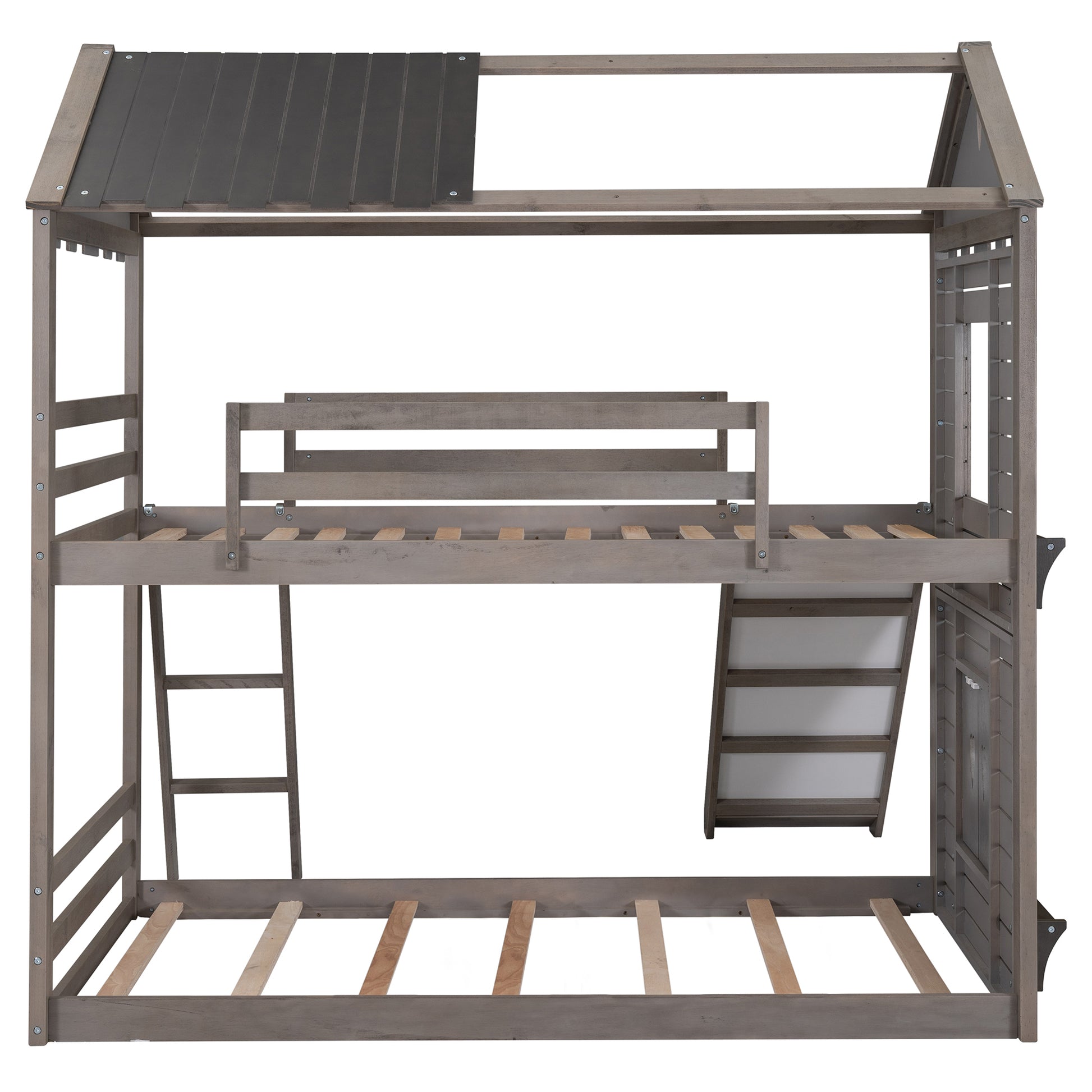 Twin Over Twin Bunk Bed Wood Bed With Roof, Window, Slide, Ladder ,Antique Gray Old Sku:Lp000059Aae Antique Gray Solid Wood