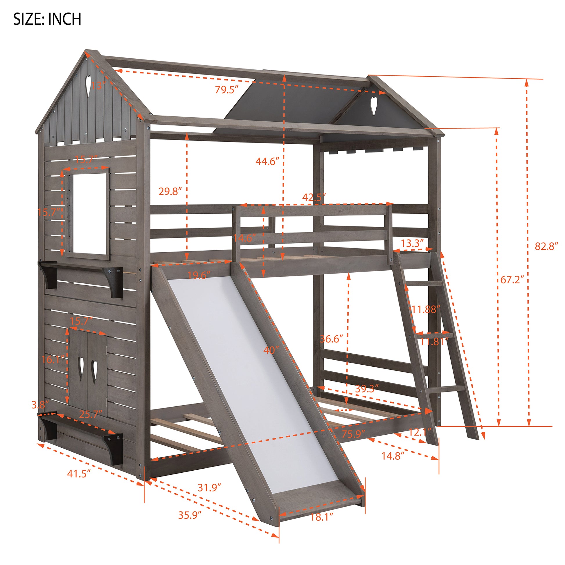 Twin Over Twin Bunk Bed Wood Bed With Roof, Window, Slide, Ladder ,Antique Gray Old Sku:Lp000059Aae Antique Gray Solid Wood