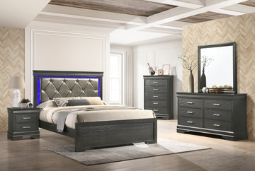 Brooklyn Full 5 Pc Tufted Upholstery Led Bedroom Set Made With Wood In Gray Box Spring Required Full Gray Wood 5 Piece Set Bedroom Bed Included,Chest Included,Dresser Included,Mirror Included,Nightstand Included Modern Acacia Upholstered Polyester Tufted