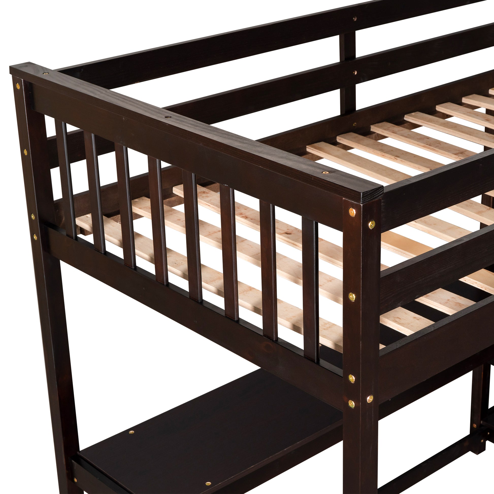 Twin Size Loft Bed With Storage Shelves And Under Bed Desk, Espresso Old Sku:Sm000245Aap 1 Espresso Pine