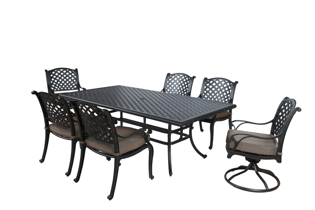 Rectangular 7 Piece 85.83" Long Aluminum Dining Set With Cushions Antique Brown Polyester Aluminum