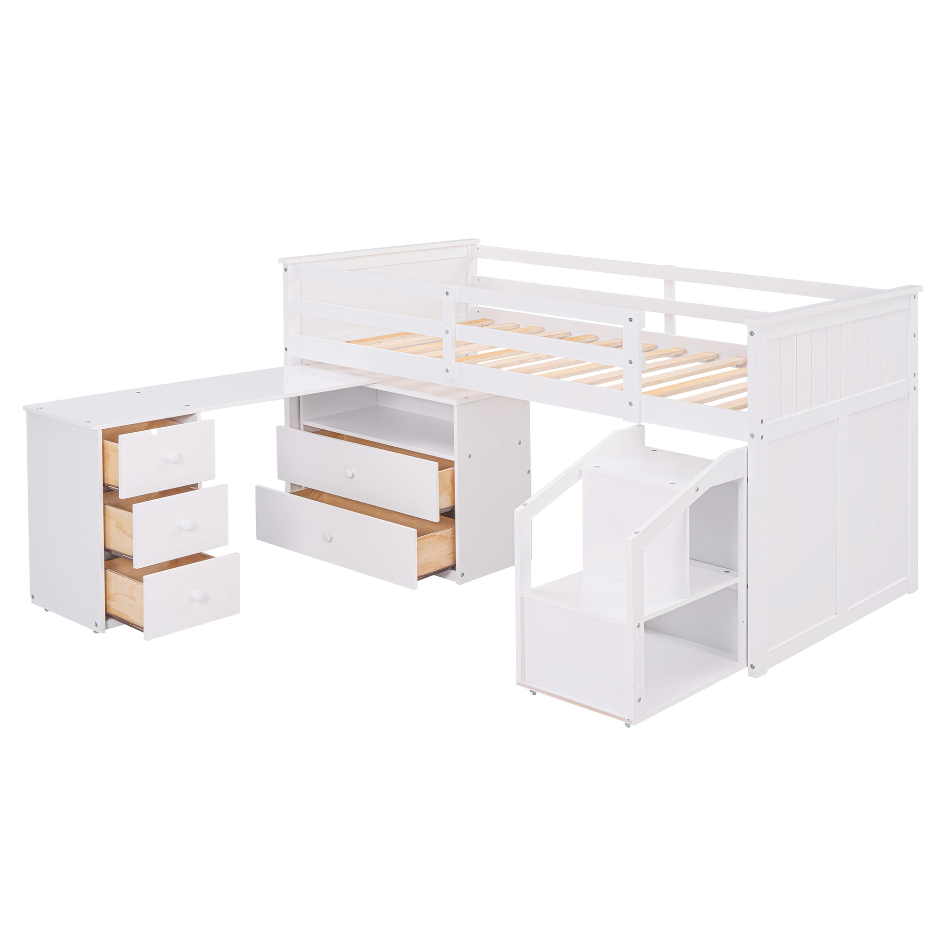 Loft Bed Low Study Twin Size Loft Bed With Storage Steps And Portable,Desk,White Old Sku: Lt000101Aak White Solid Wood