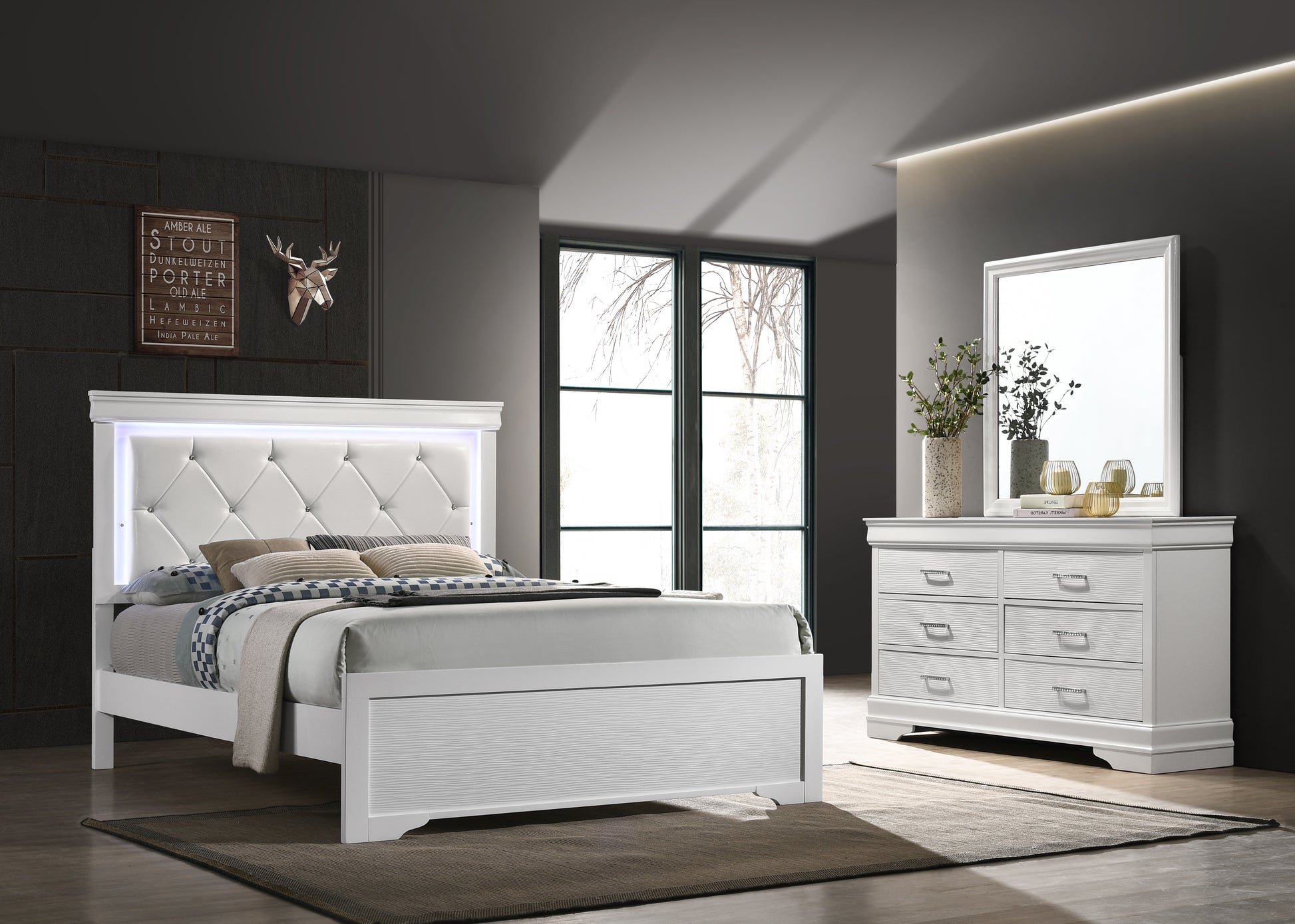 Queen 5 Pc Tufted Upholstery Led Bedroom Set Made With Wood In White Box Spring Required Queen White Wood 5 Piece Set Bedroom Bed Included,Chest Included,Dresser Included,Mirror Included,Nightstand