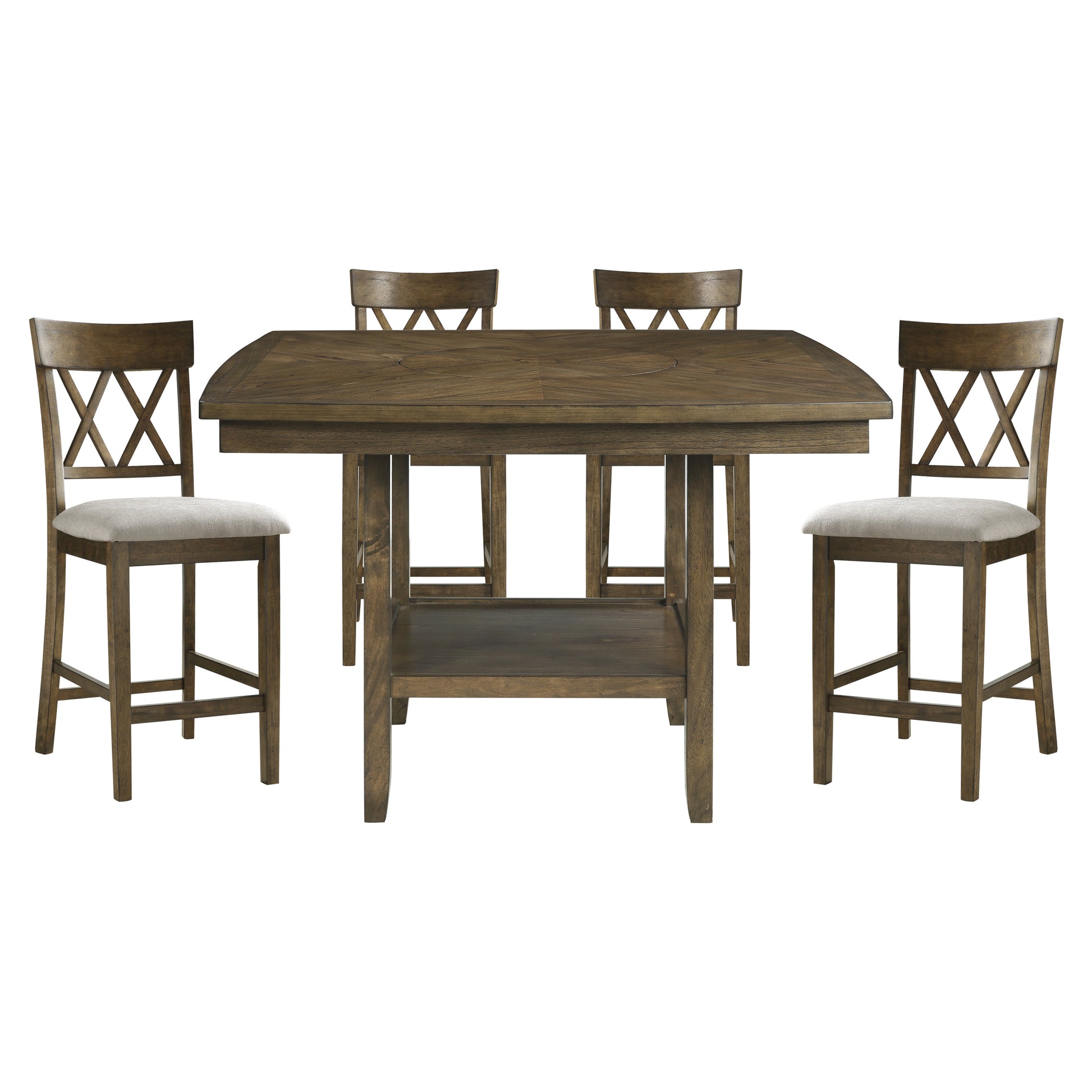 Contemporary 5Pc Dining Set Counter Height Table And 4 Counter Height Chairs Functional Lazy Susan Shelf Table Light Oak Finish Wooden Kitchen Dining Furniture Wood Wood Light Oak Seats 4 Wood Dining Room Square Dining Table With Chair Wood