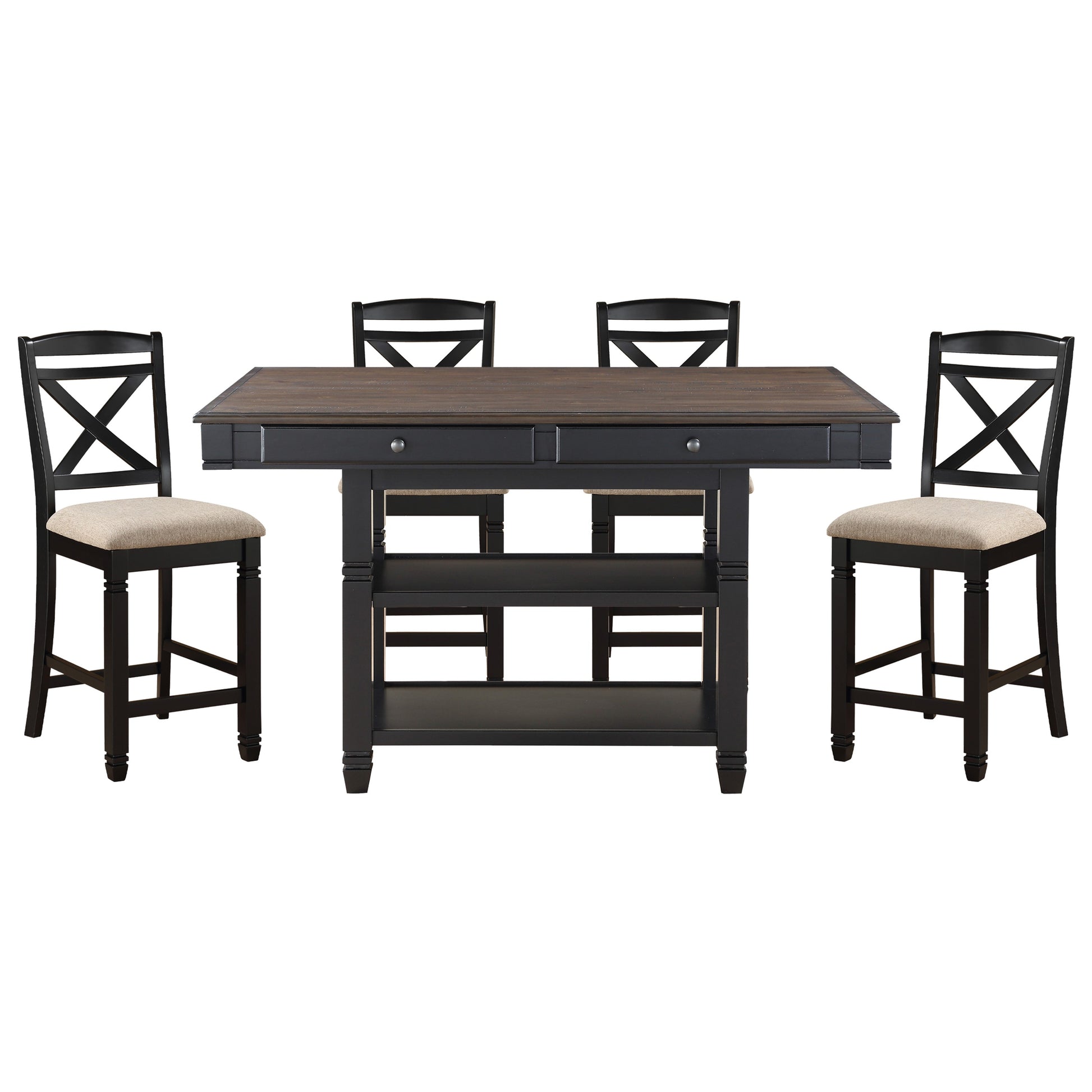 Transitional Style 1Pc Counter Height Table With Storage Drawers 2X Display Shelves Natural And Black Finish Dining Furniture Black Dining Room Transitional Wood