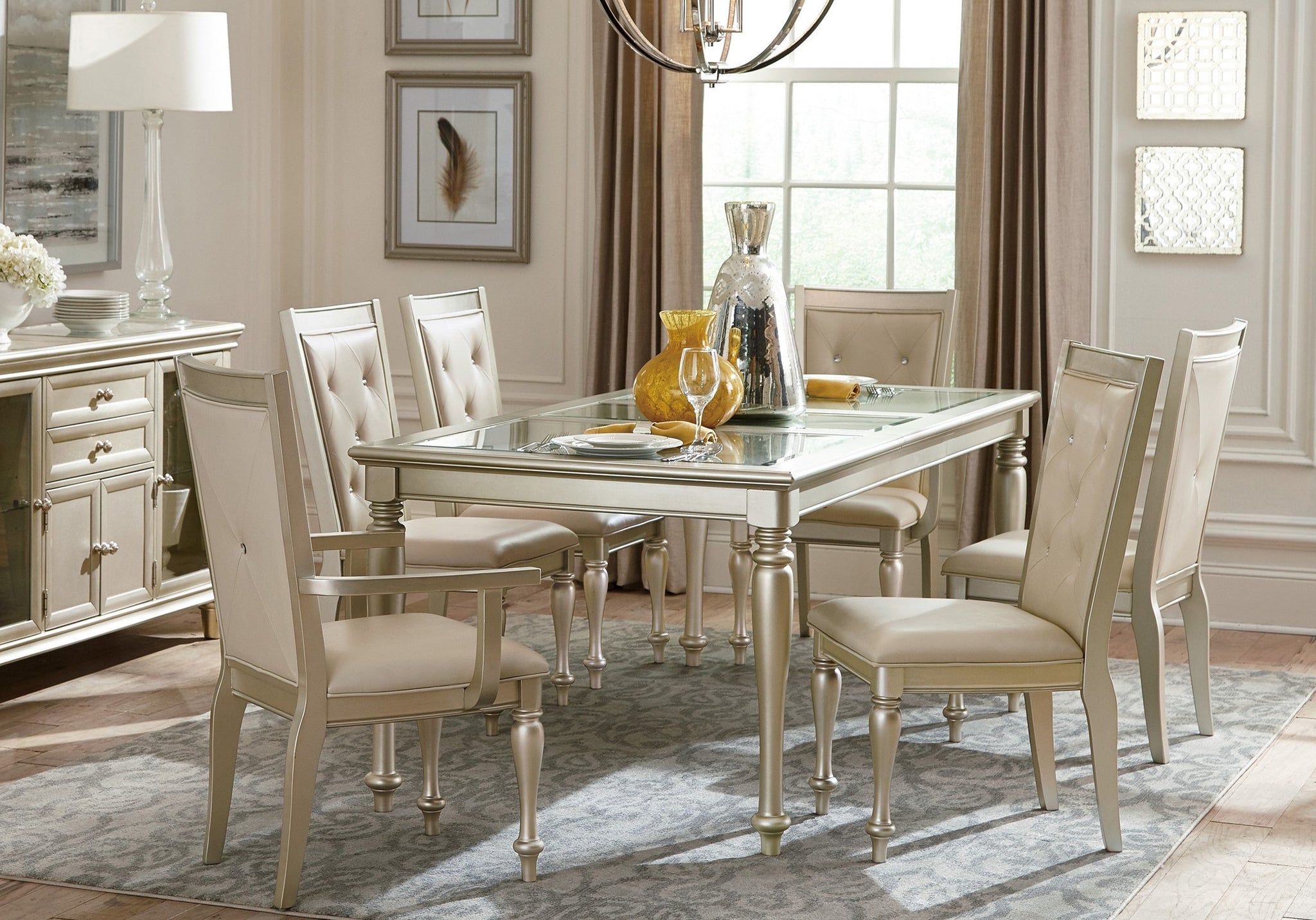 Modern Silver Finish Arm Chairs 2pc Set Crystal Button silver-dining room-glam-modern-traditional-arm
