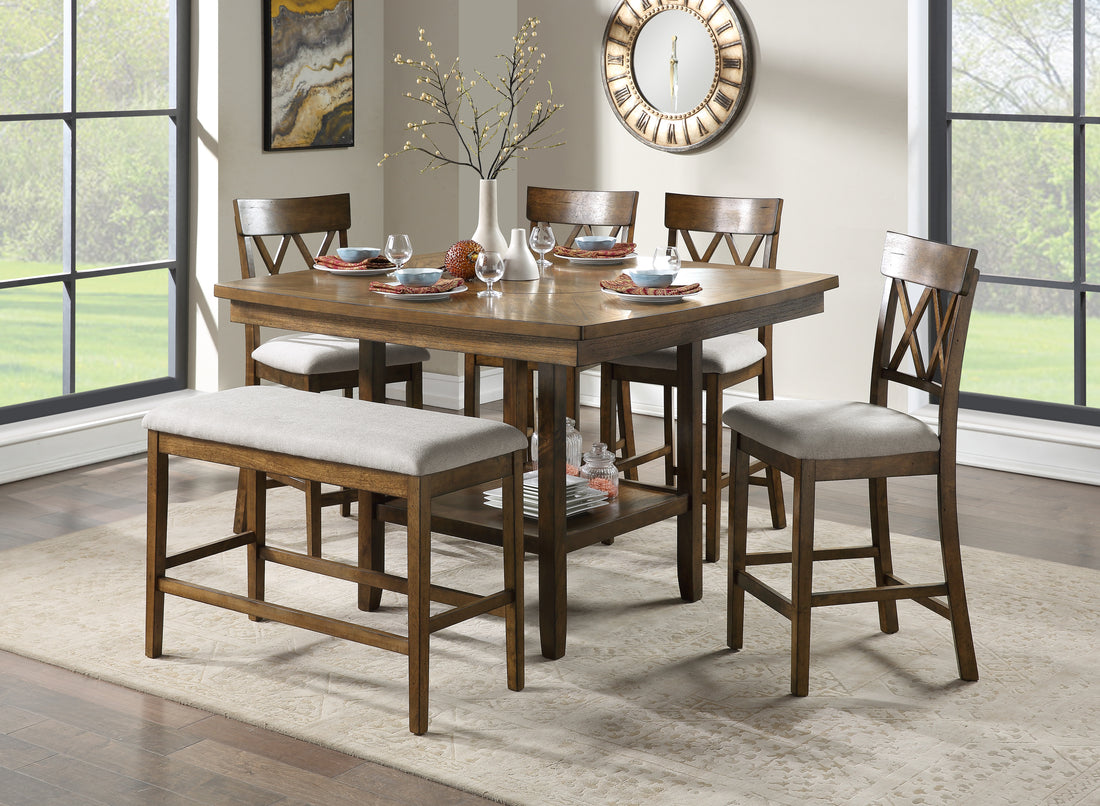 Contemporary 6Pc Dining Set Counter Height Table Bench And 4 Counter Height Chairs Functional Lazy Susan Shelf Table Light Oak Finish Wooden Kitchen Dining Furniture Wood Wood Light Oak Seats 6 Wood Dining Room Square Dining Table With Chair And Bench