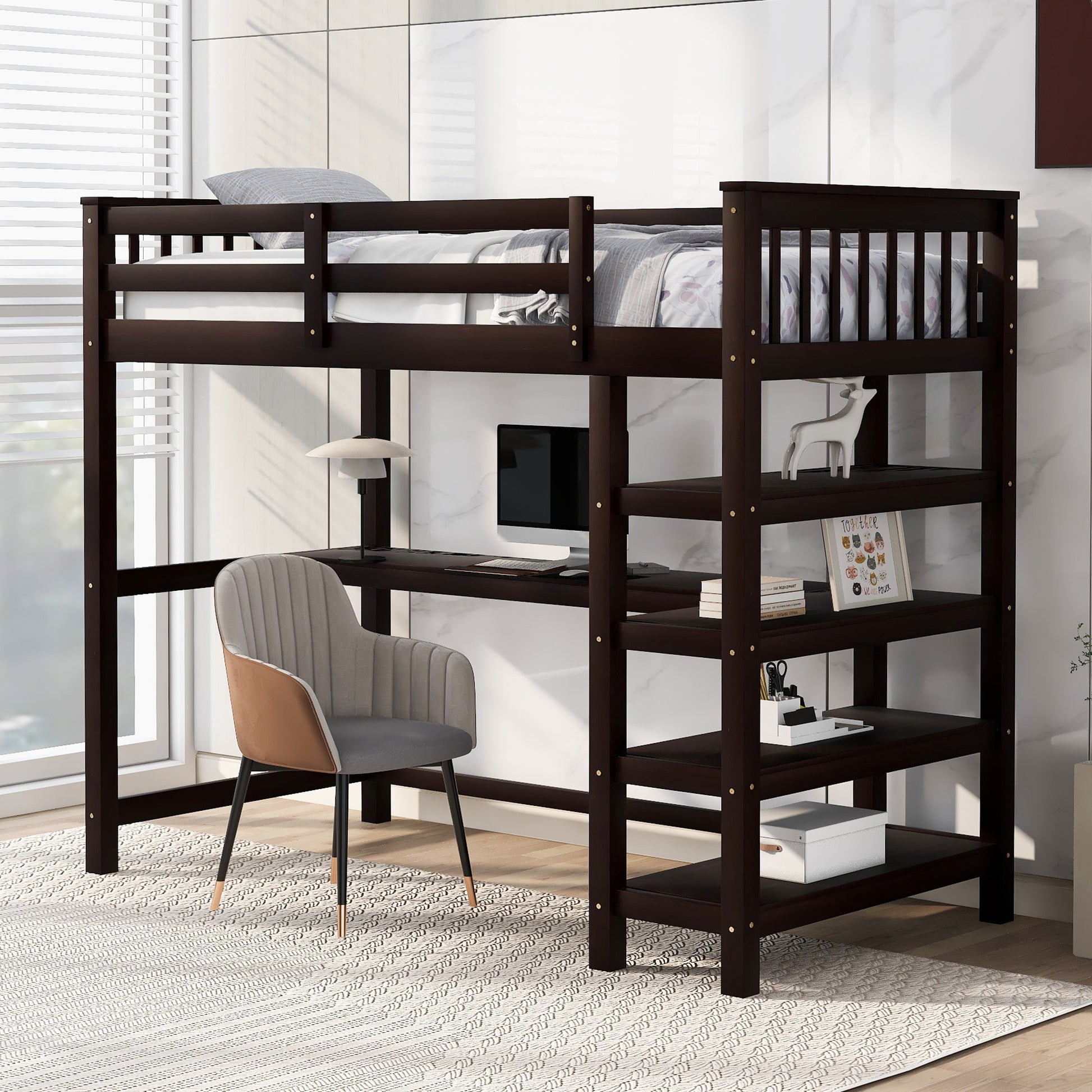 Twin Size Loft Bed With Storage Shelves And Under Bed Desk, Espresso Old Sku:Sm000245Aap 1 Espresso Pine